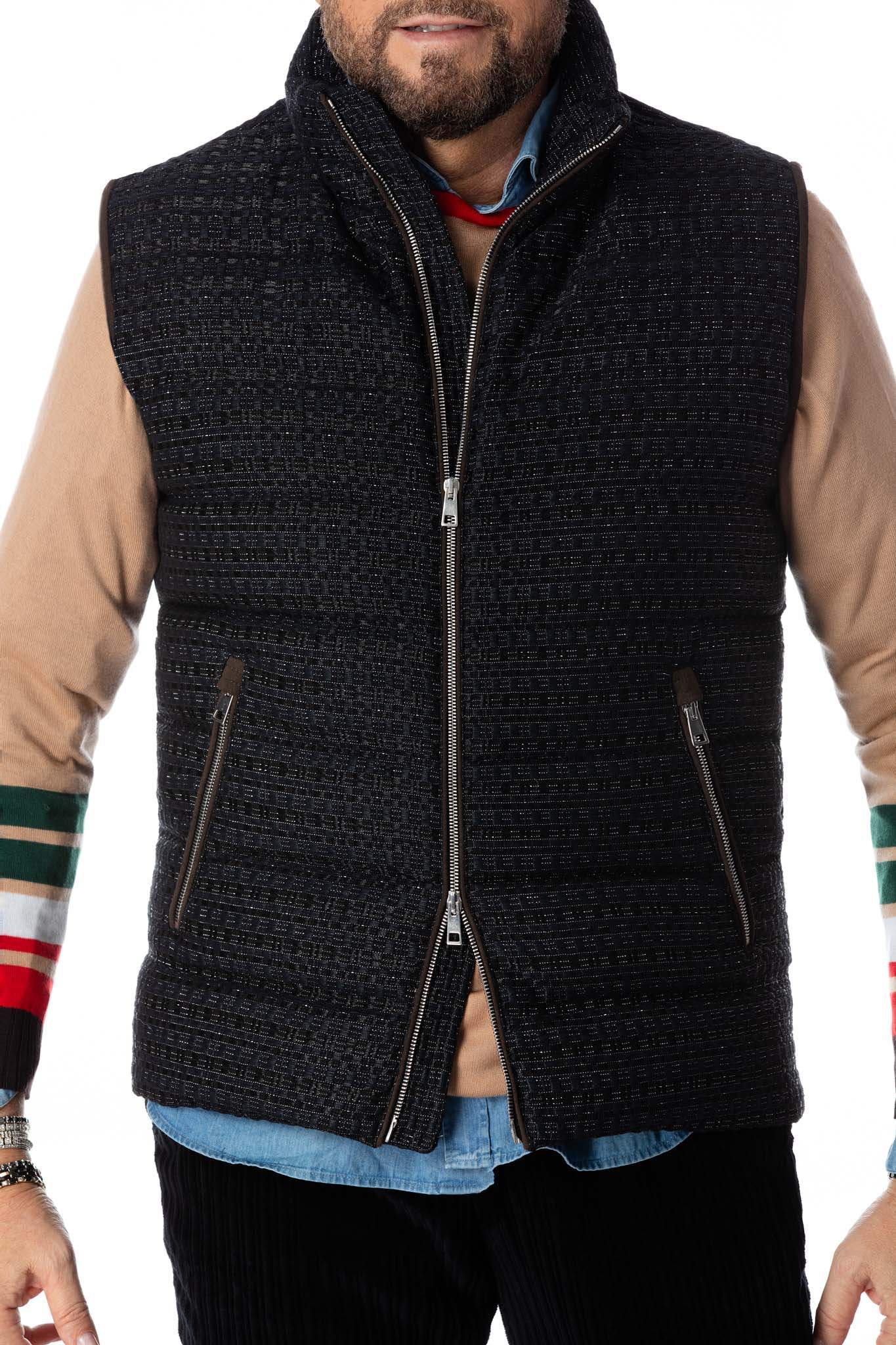 Goose down vest with metallic fabric