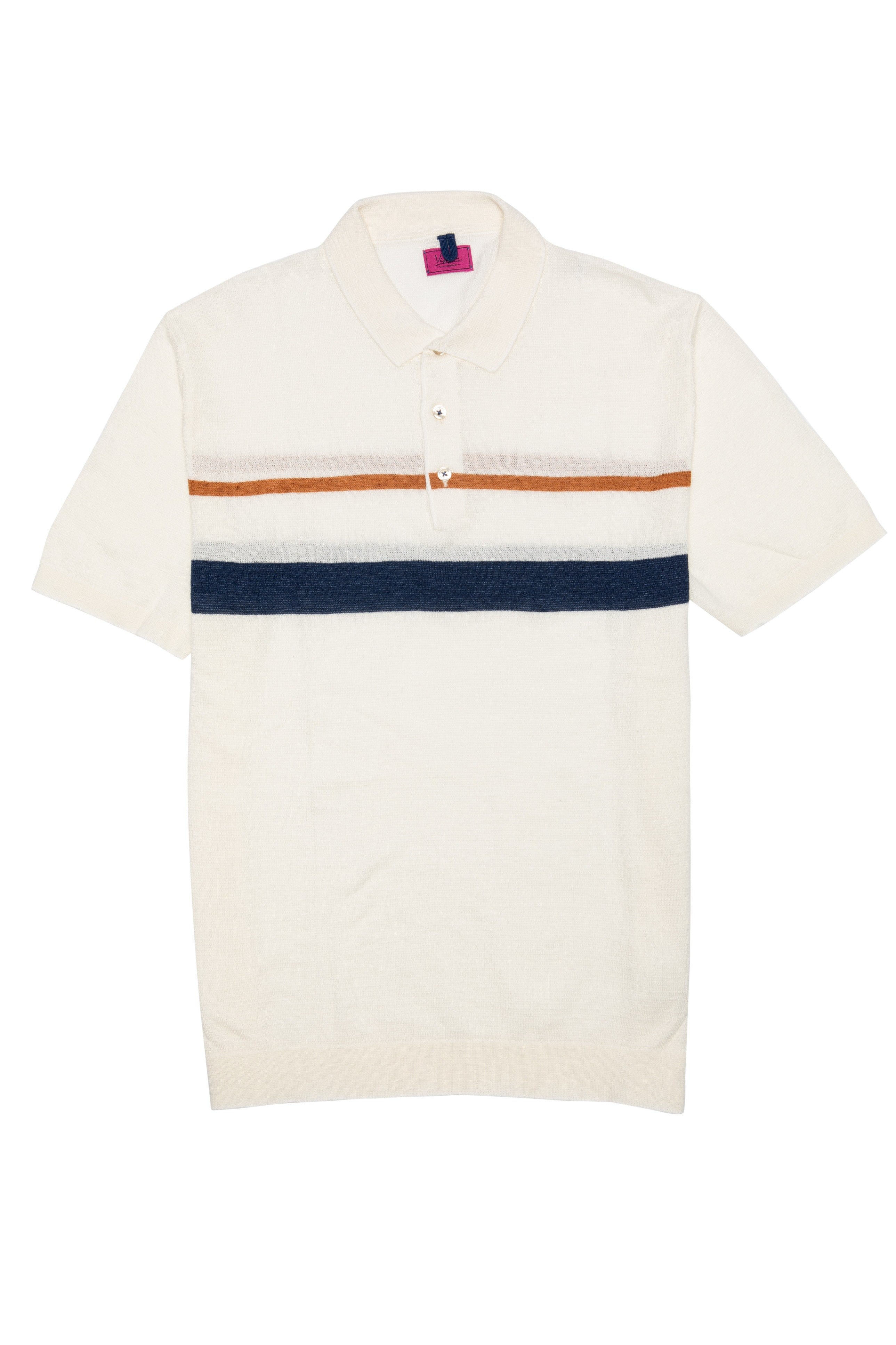 Tricou casual alb cu dunga bleumarin si maro si guler polo