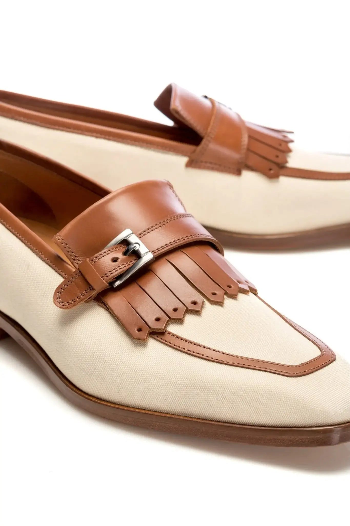 Cream leather and textile moccasins