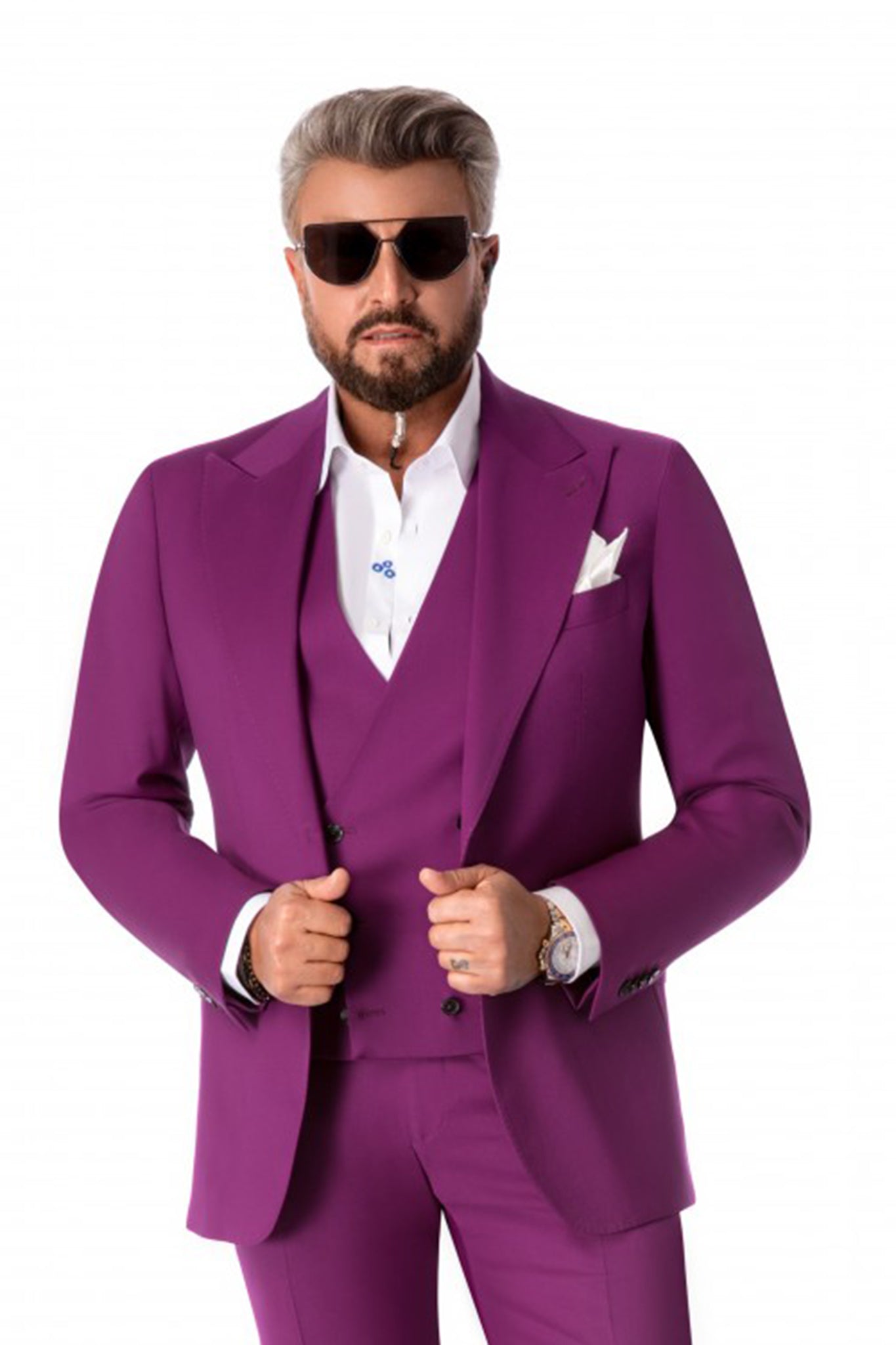 Fuchsia three-piece suit, tailored fit
