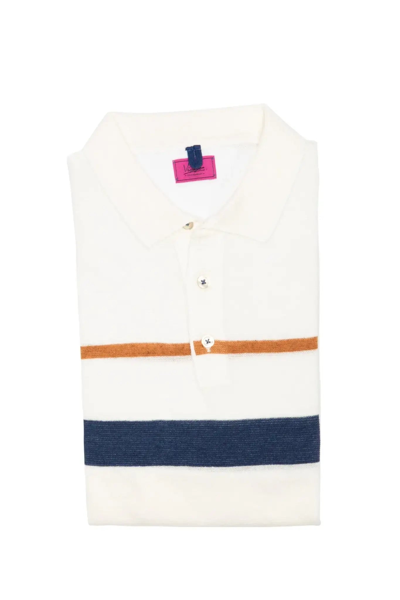 Tricou casual alb cu dunga bleumarin si maro si guler polo