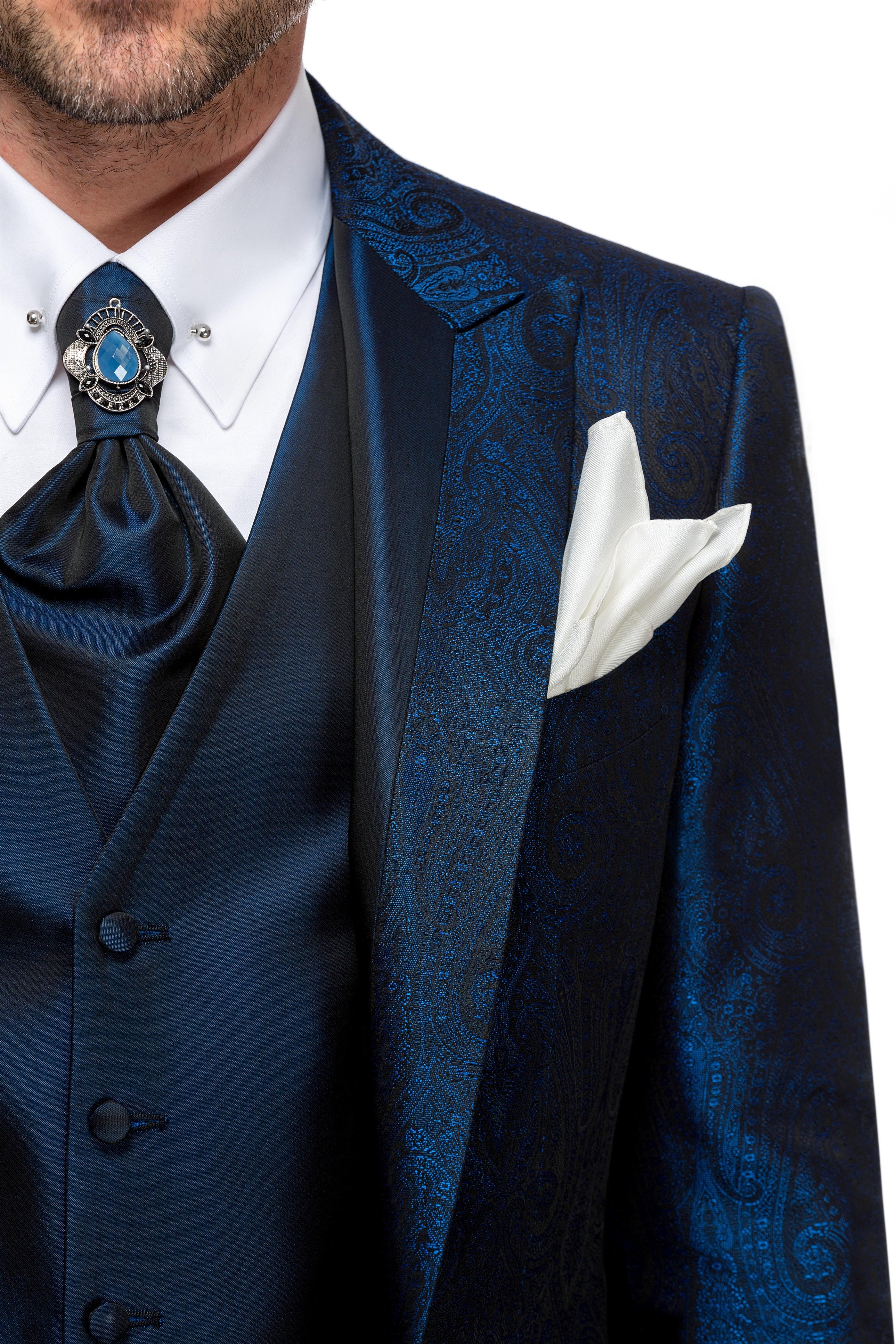 Blue tuxedo jacket with paisley print