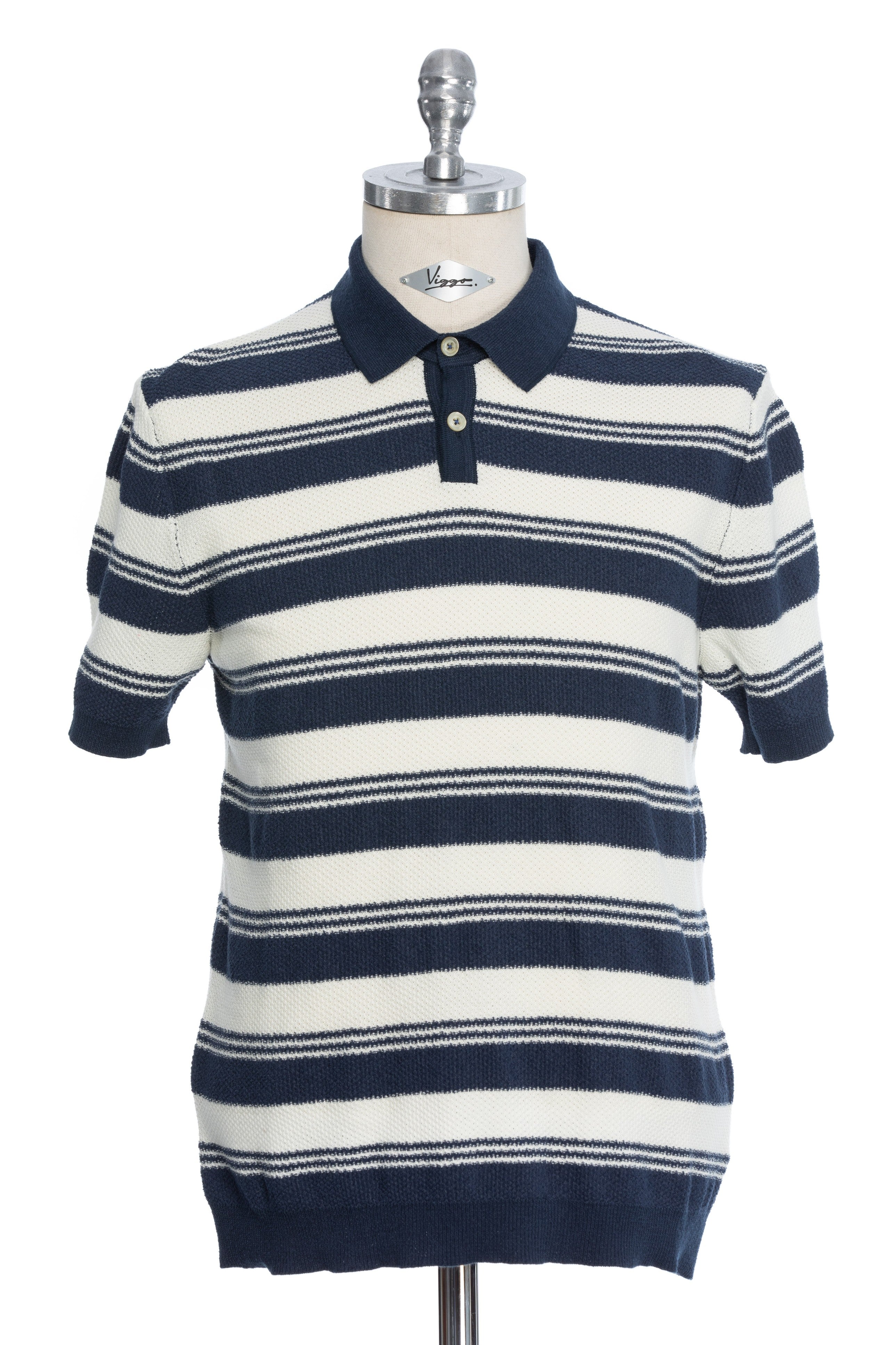 Tricou Casual Bleumarin Cu Dungi Late Albe Si Guler Polo