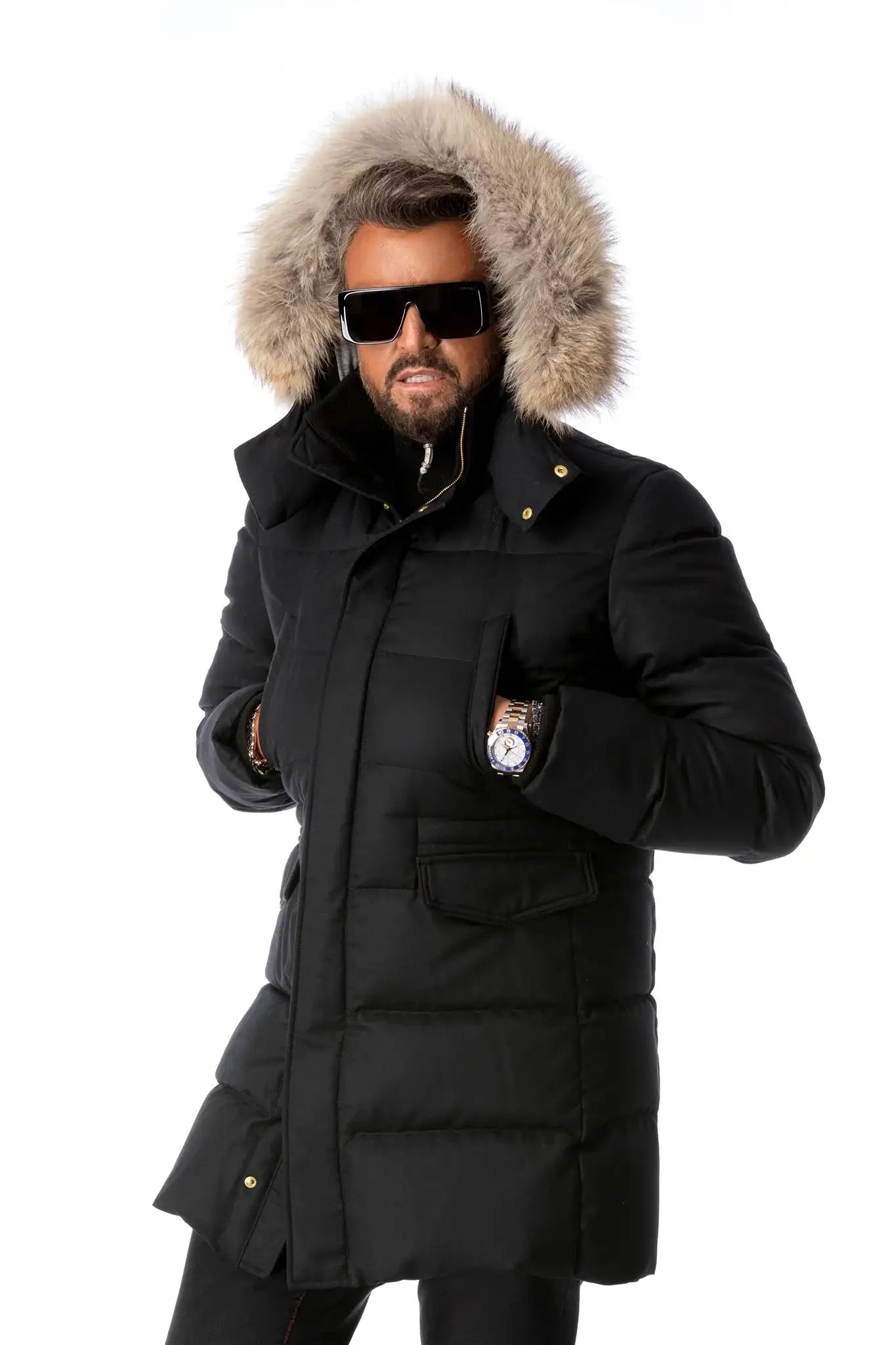 Black waterproof parka made of virgin wool and down