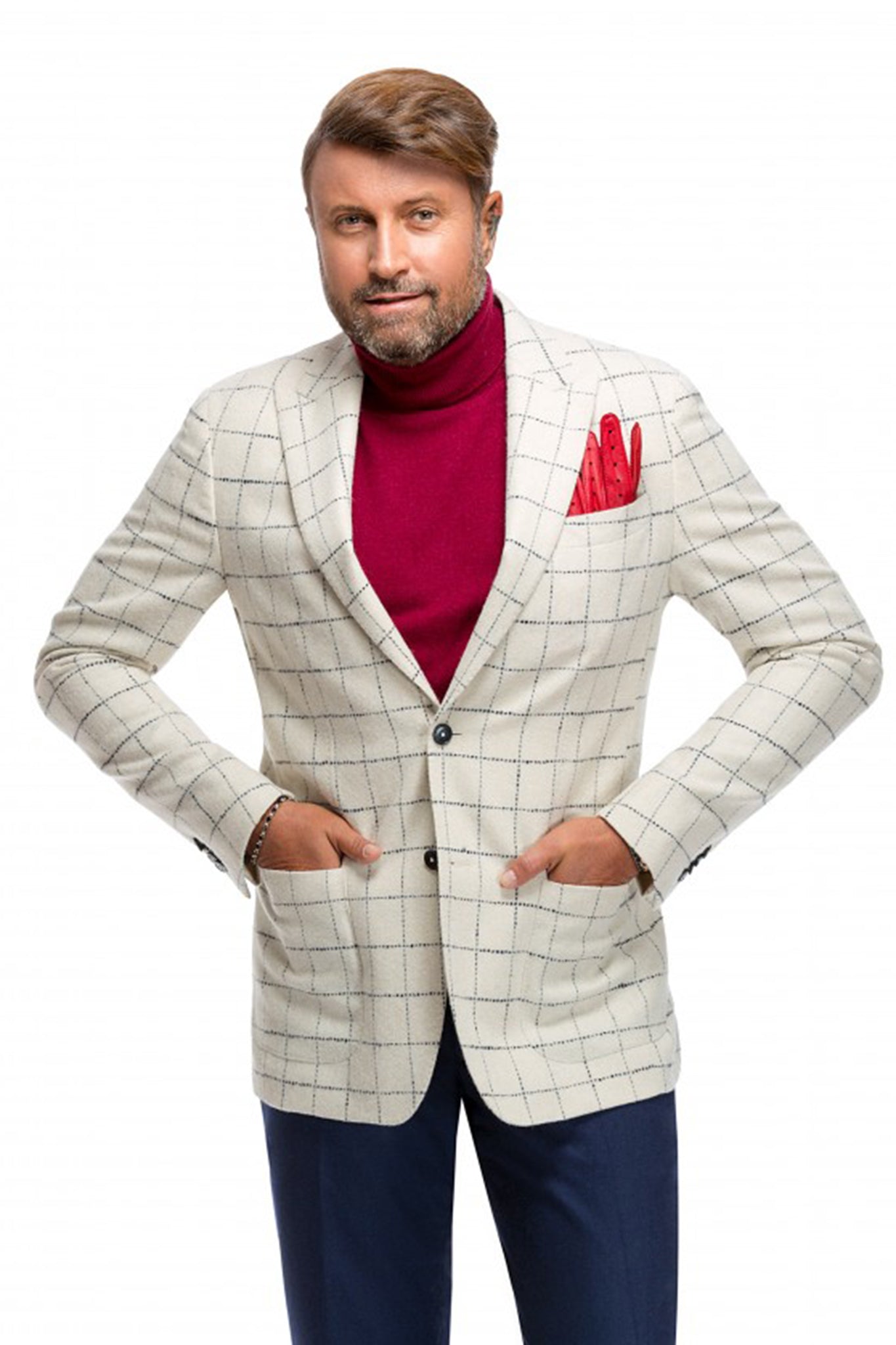 Sacou alb in carouri albastre, slim fit