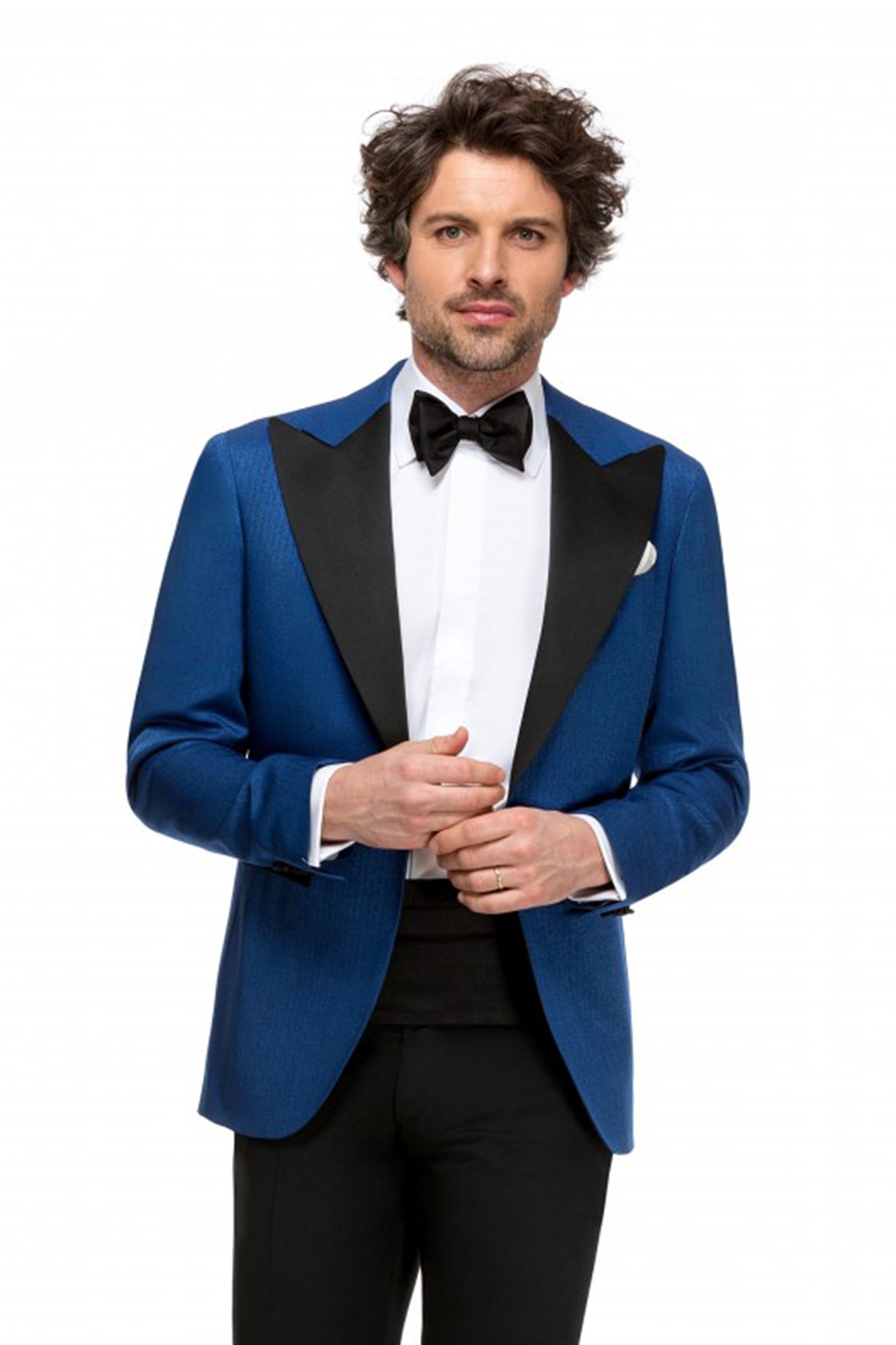 Sacou smoking albastru cu rever contrastant