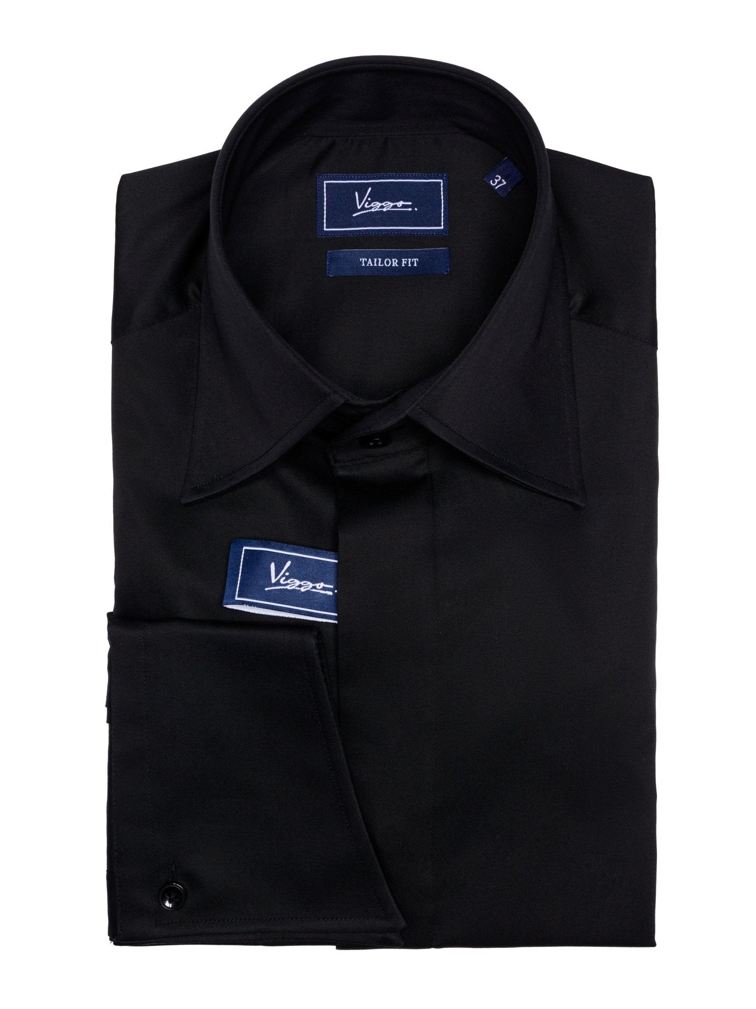 Black shirt, slanted cuff with button or cuffs