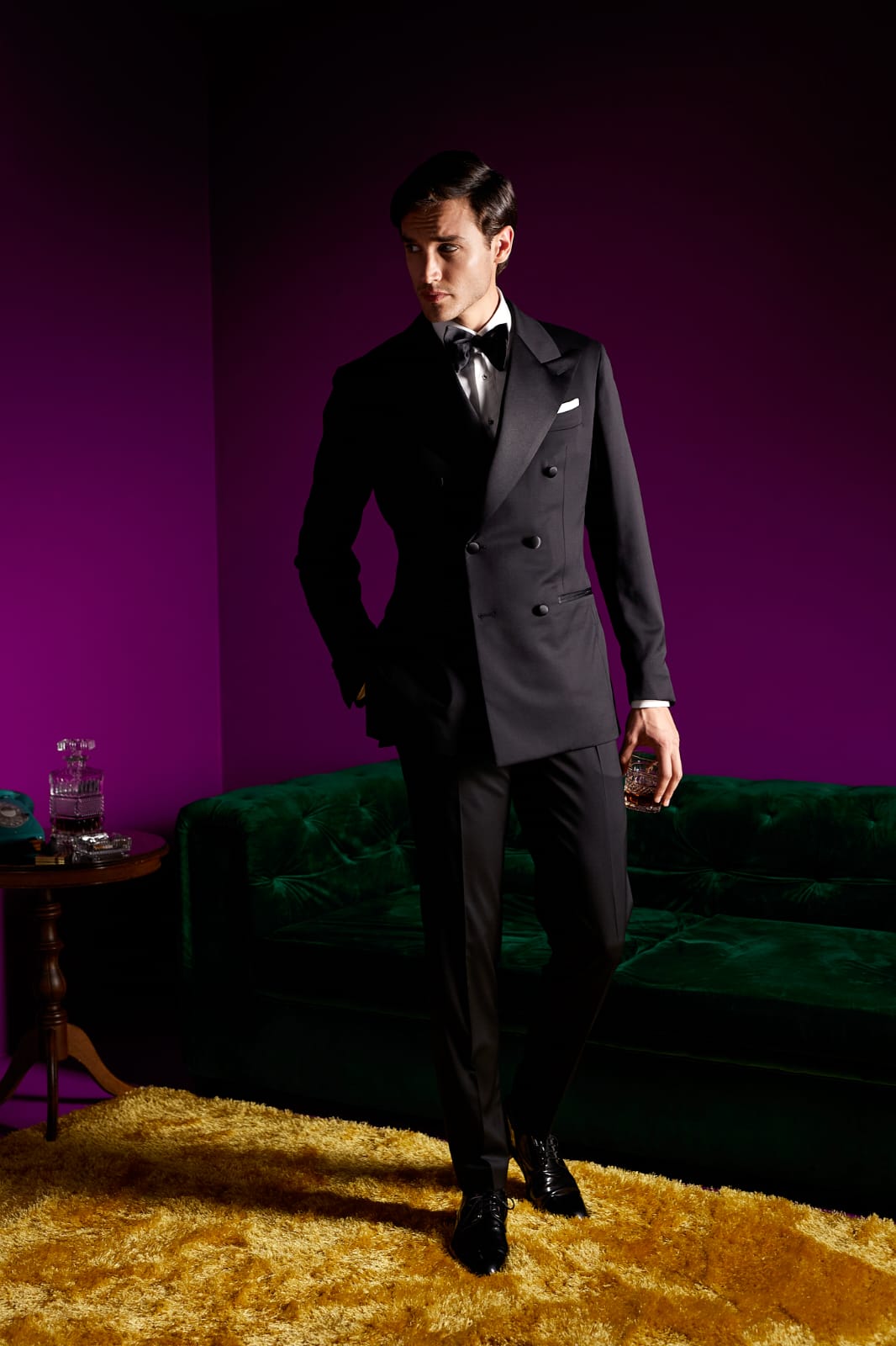 Black tuxedo jacket with two rows of buttons