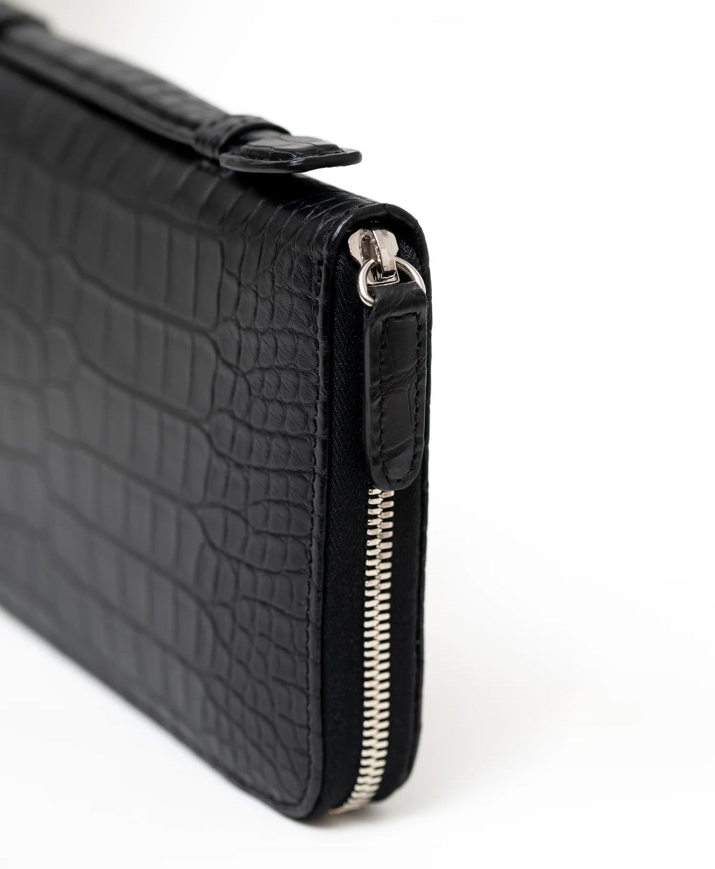 Portofel negru mat piele crocodil, de mana