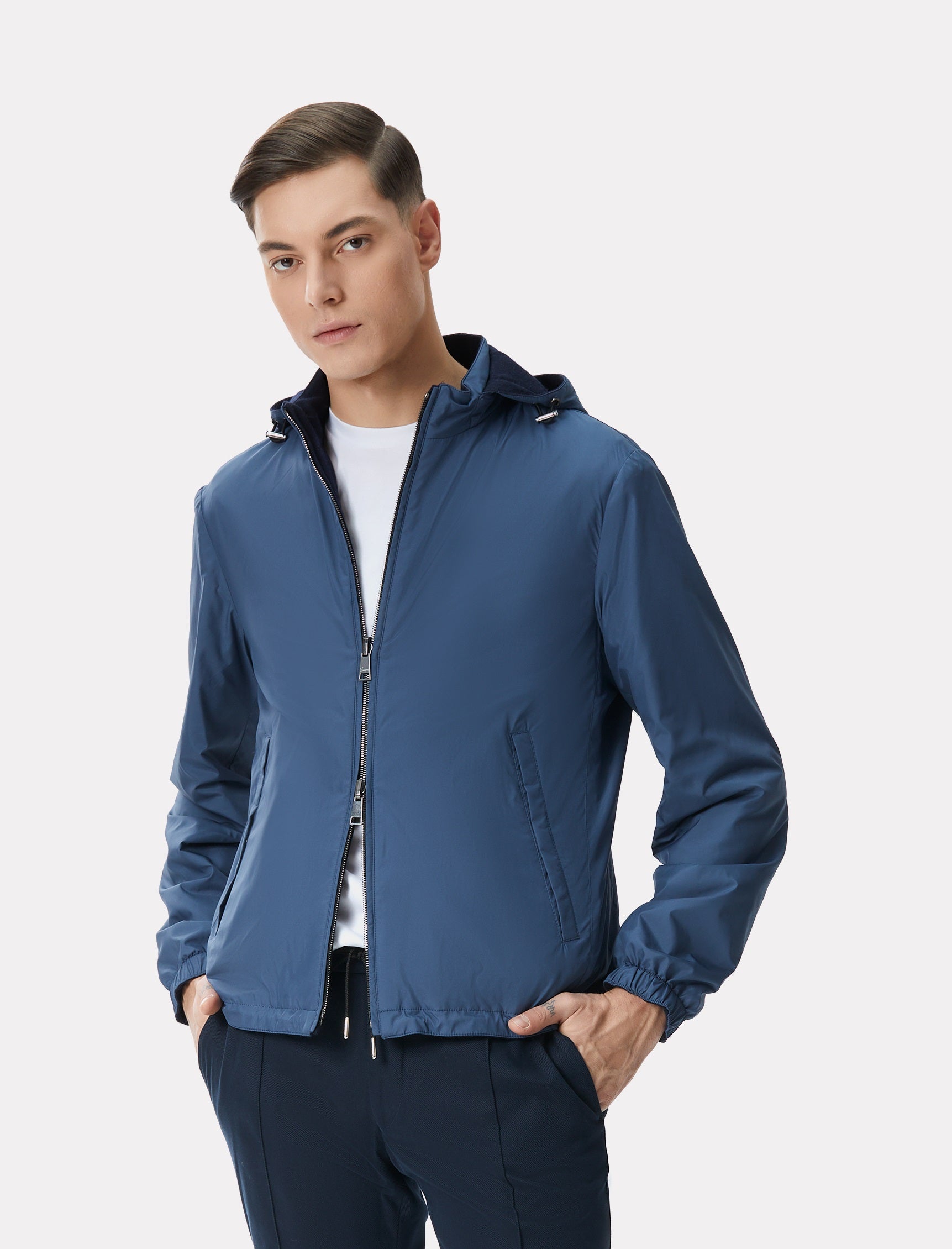 Jacheta reversibila bleu/navy din material tehno si lana