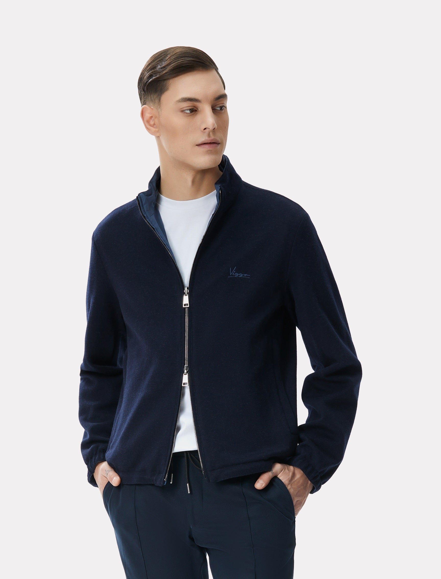 Jacheta reversibila bleu/navy din material tehno si lana