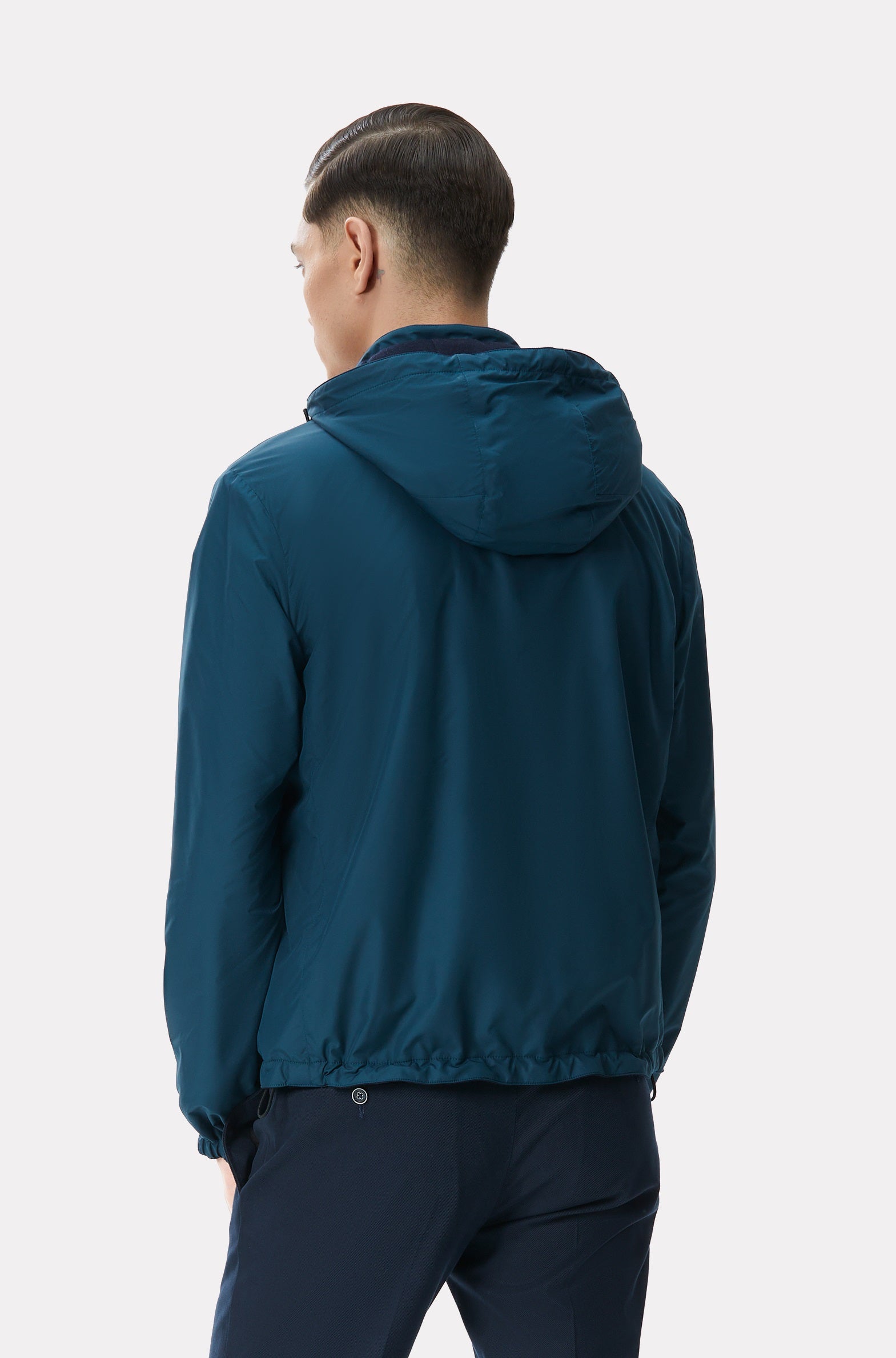 Jacheta reversibila turquoise inchis/navy din material tehno si lana