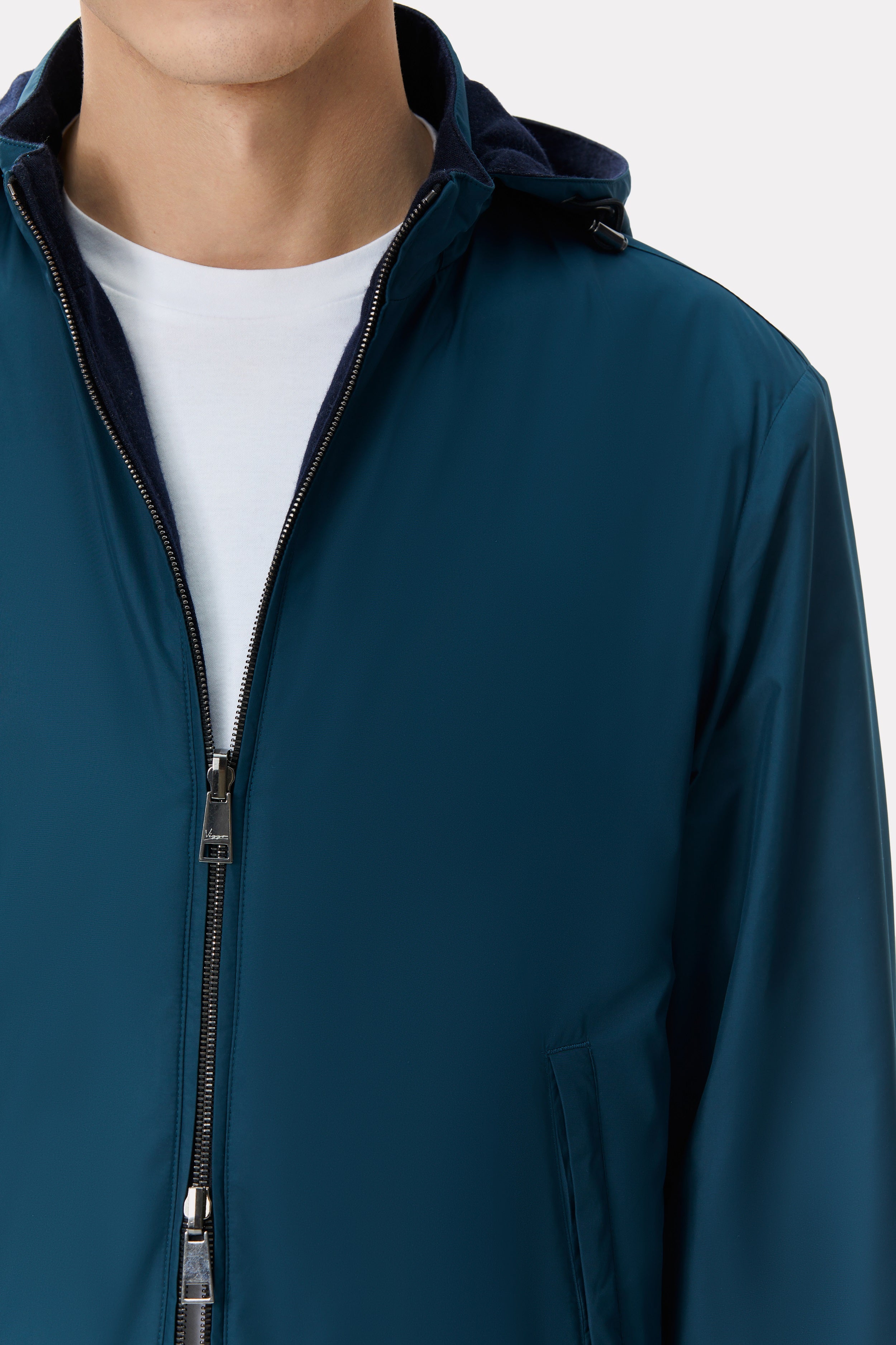 Jacheta reversibila turquoise inchis/navy din material tehno si lana