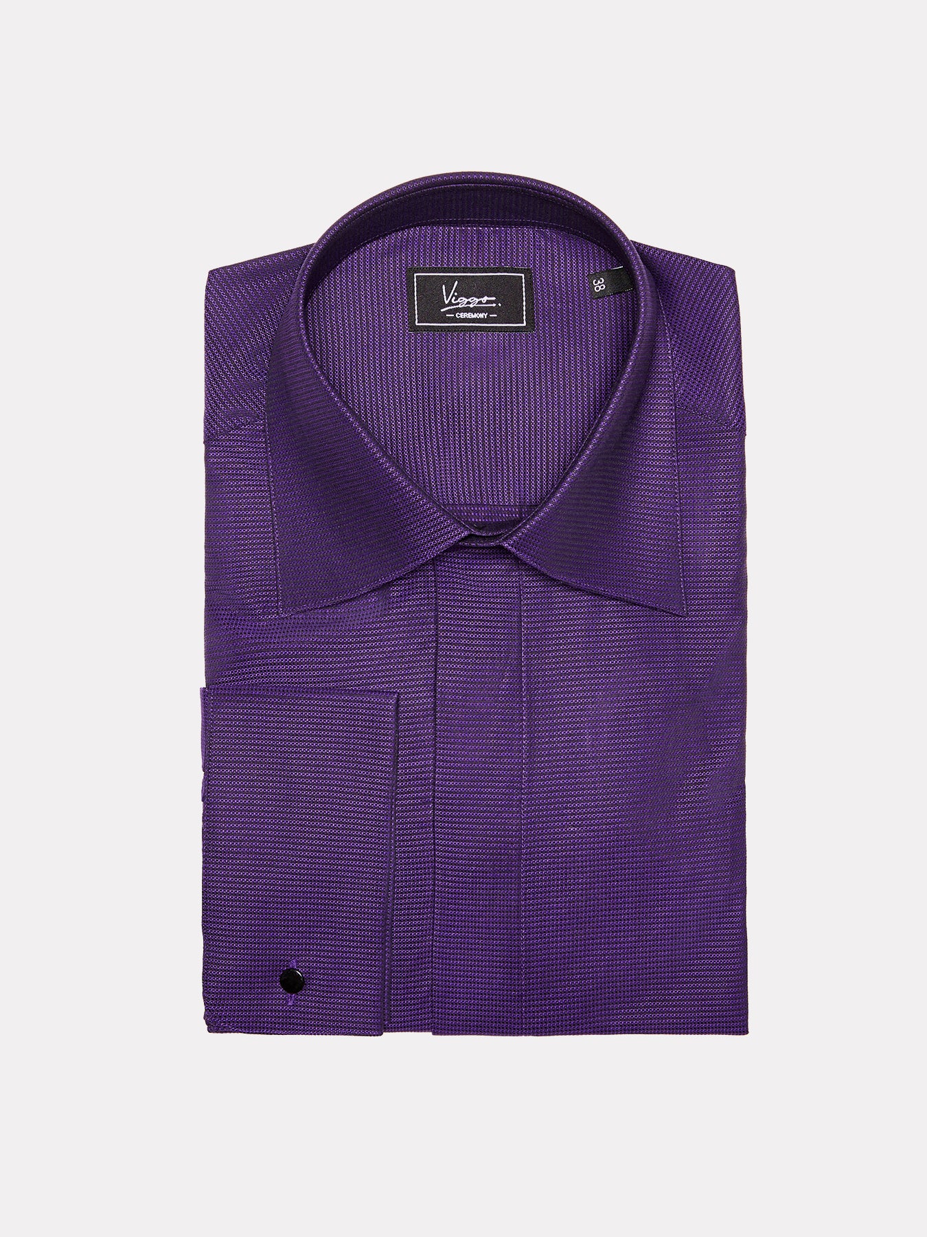 Black textured shirt with purple stripes, hidden buttons