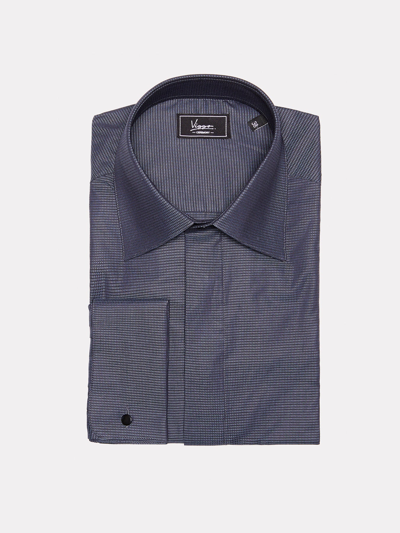 Black textured shirt with gray stripes, hidden buttons