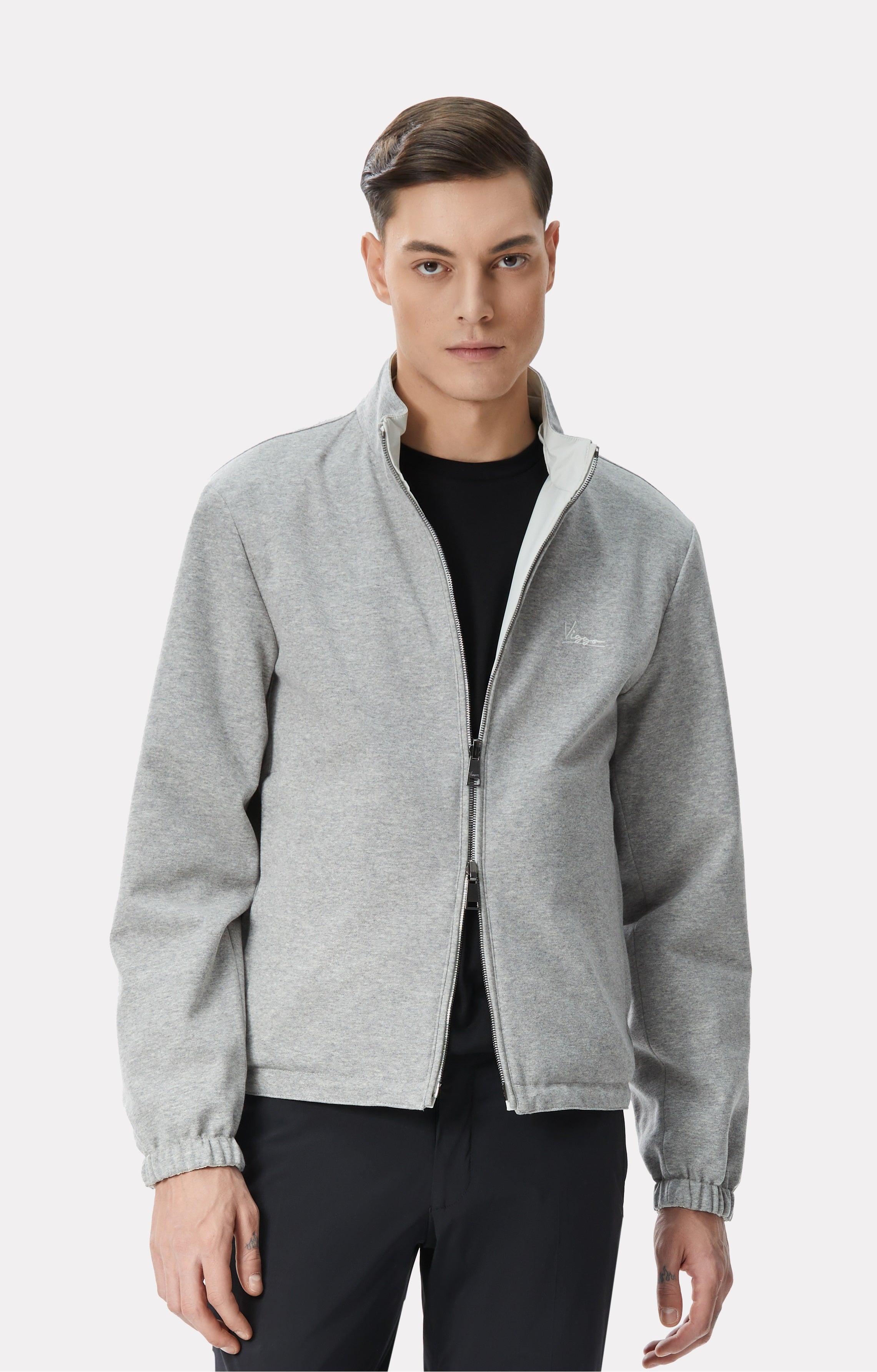 Jacheta reversibila alb/gri din material tehno si lana