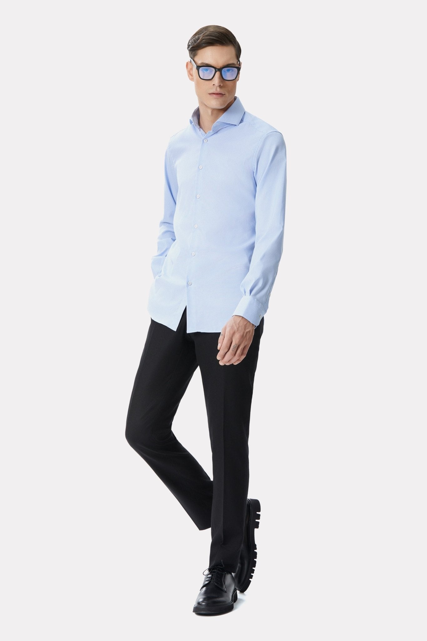 Camasa alba din jerseu in carouri bleu - Viggo