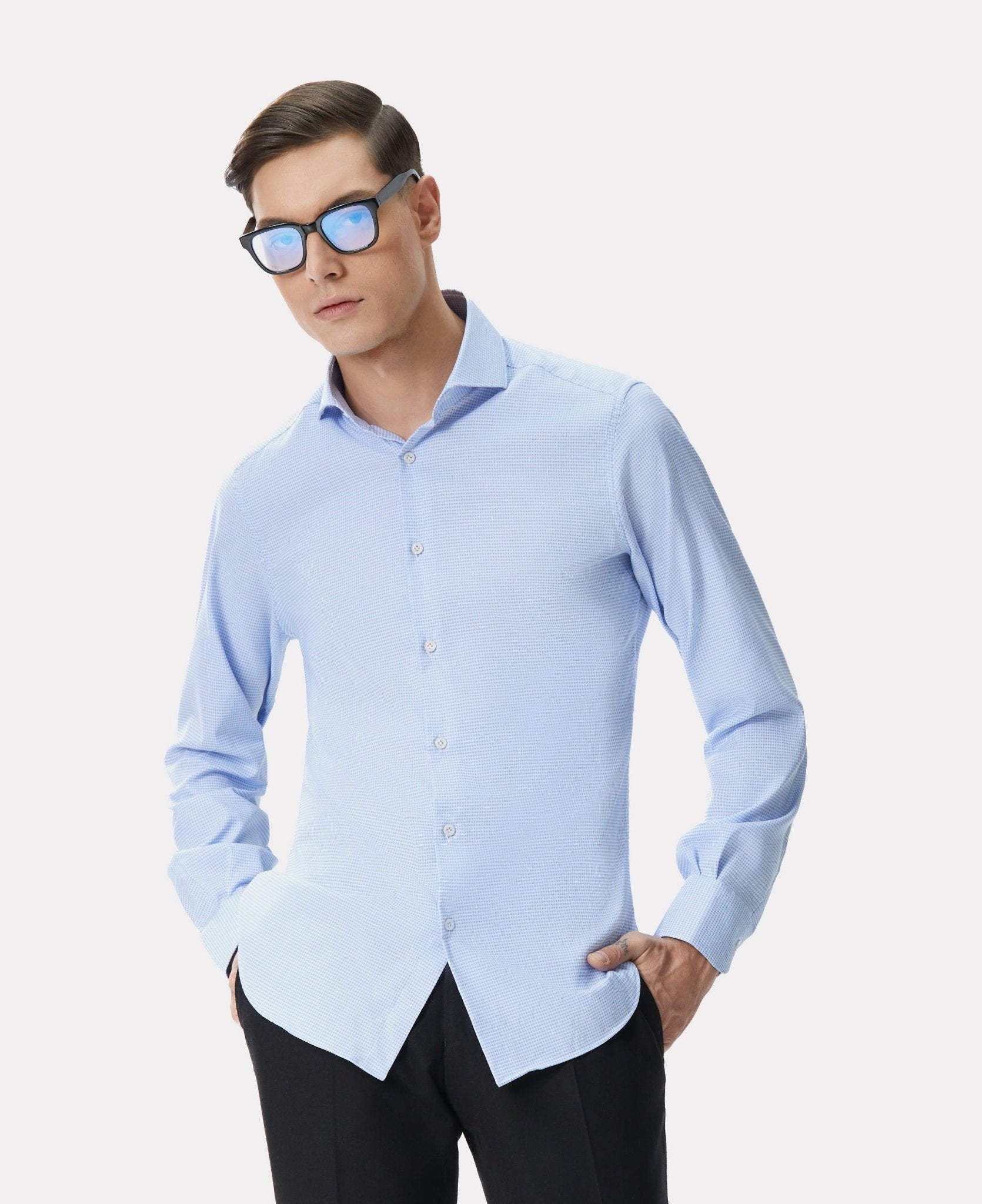 Camasa alba din jerseu in carouri bleu - Viggo