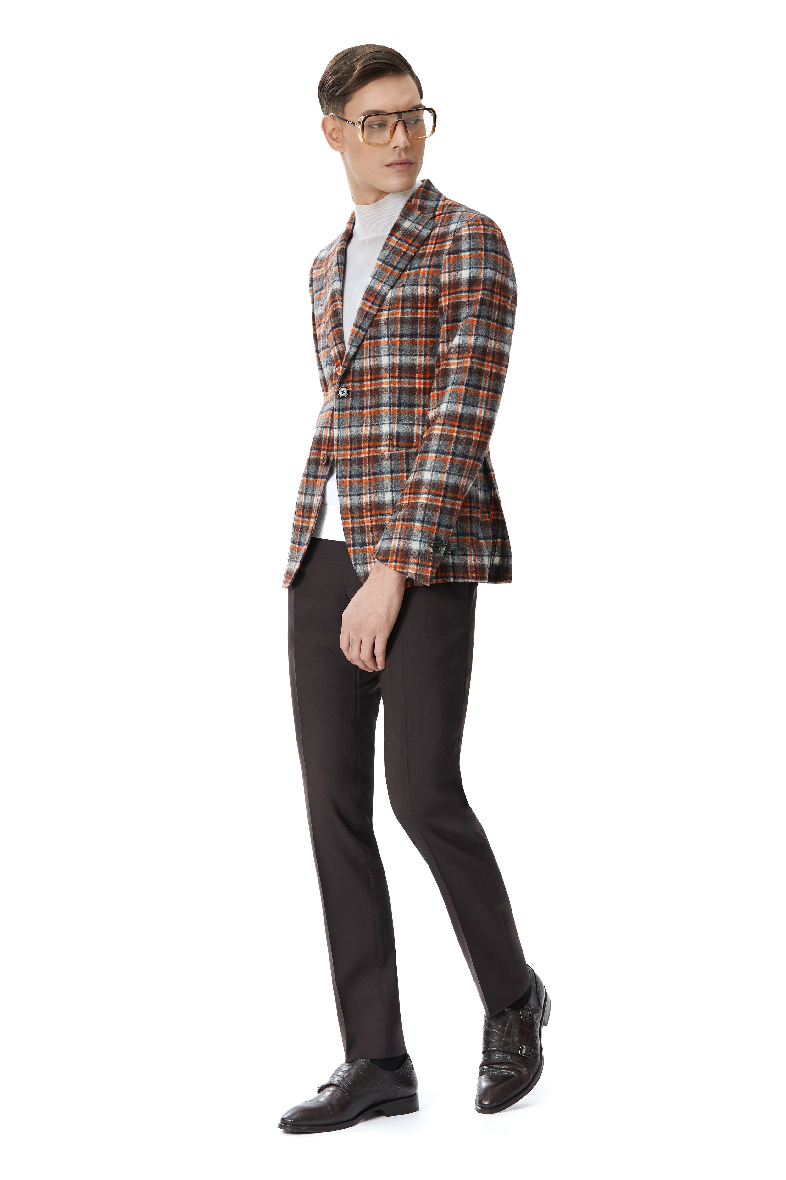 Brown jacket with orange checks, slim fit