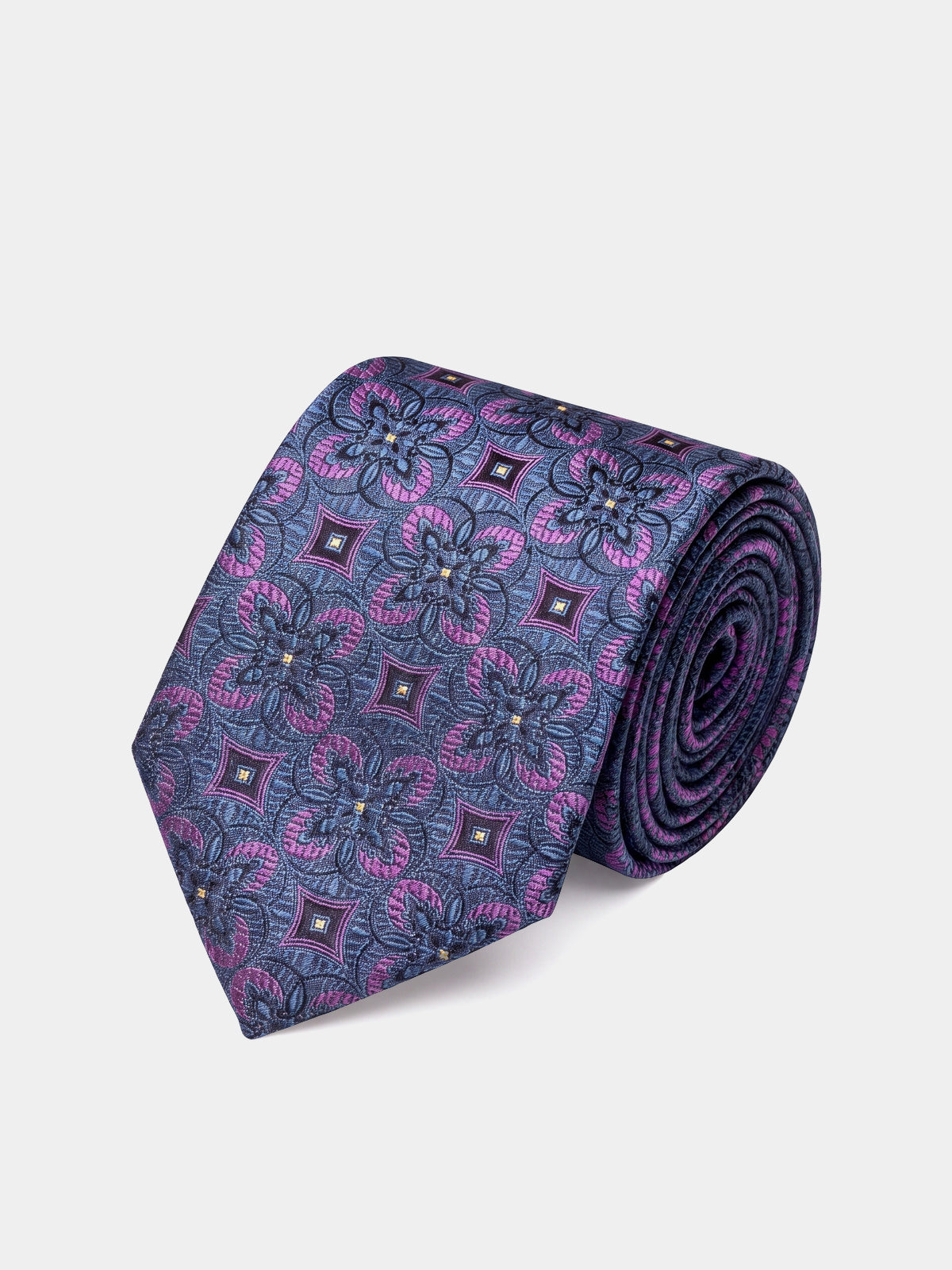 Cravata matase imprimeu mov floral geometric