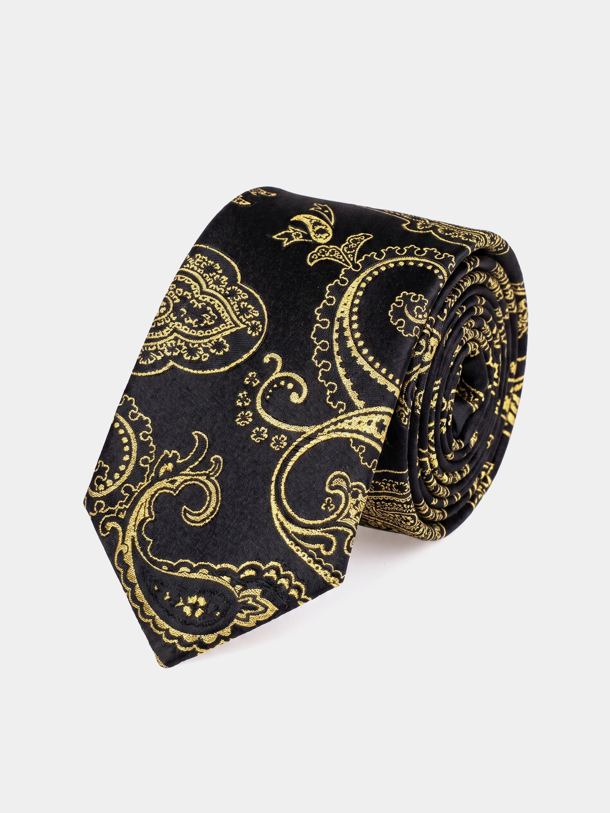 Cravata negru cu imprimeu paisley auriu mix de matase