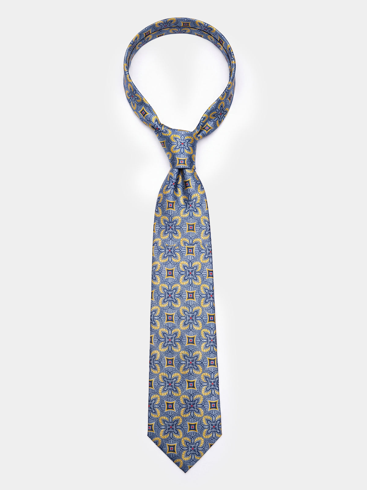 Cravata bleu din matase imprimeu floral geometric