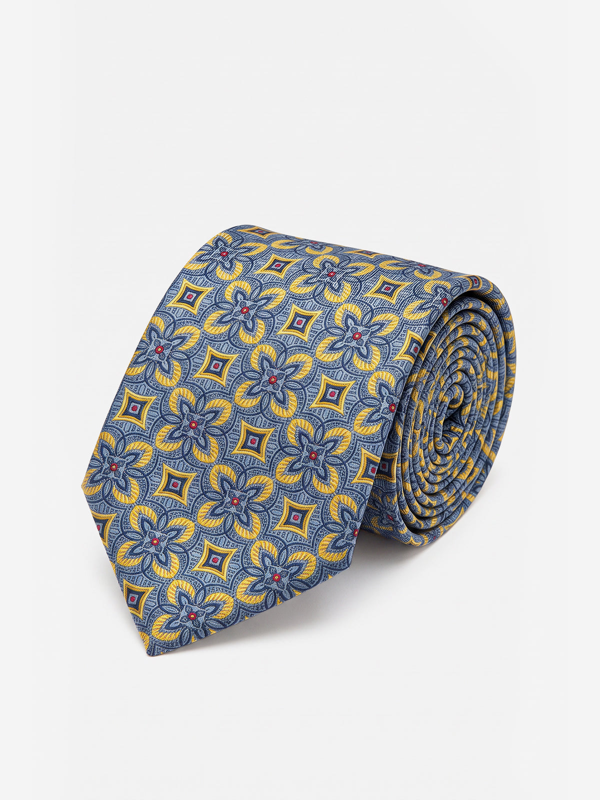 Cravata bleu din matase imprimeu floral geometric