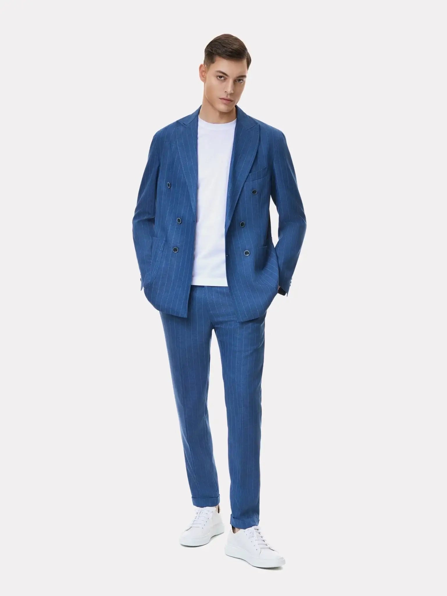 Costum slim fit albastru cu dungi, la doua randuri de nasturi - Viggo