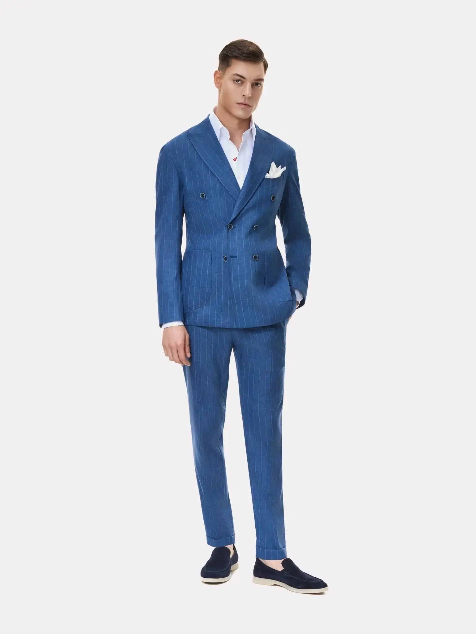 Costum slim fit albastru cu dungi, la doua randuri de nasturi - Viggo