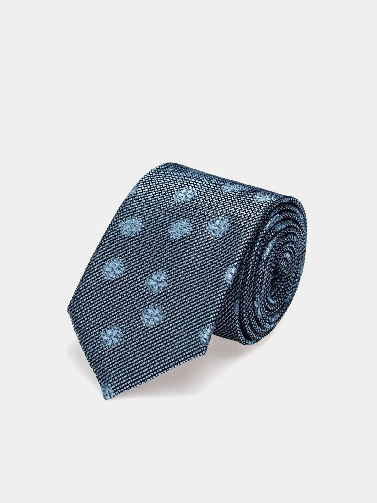 Textured blue silk tie with floral print