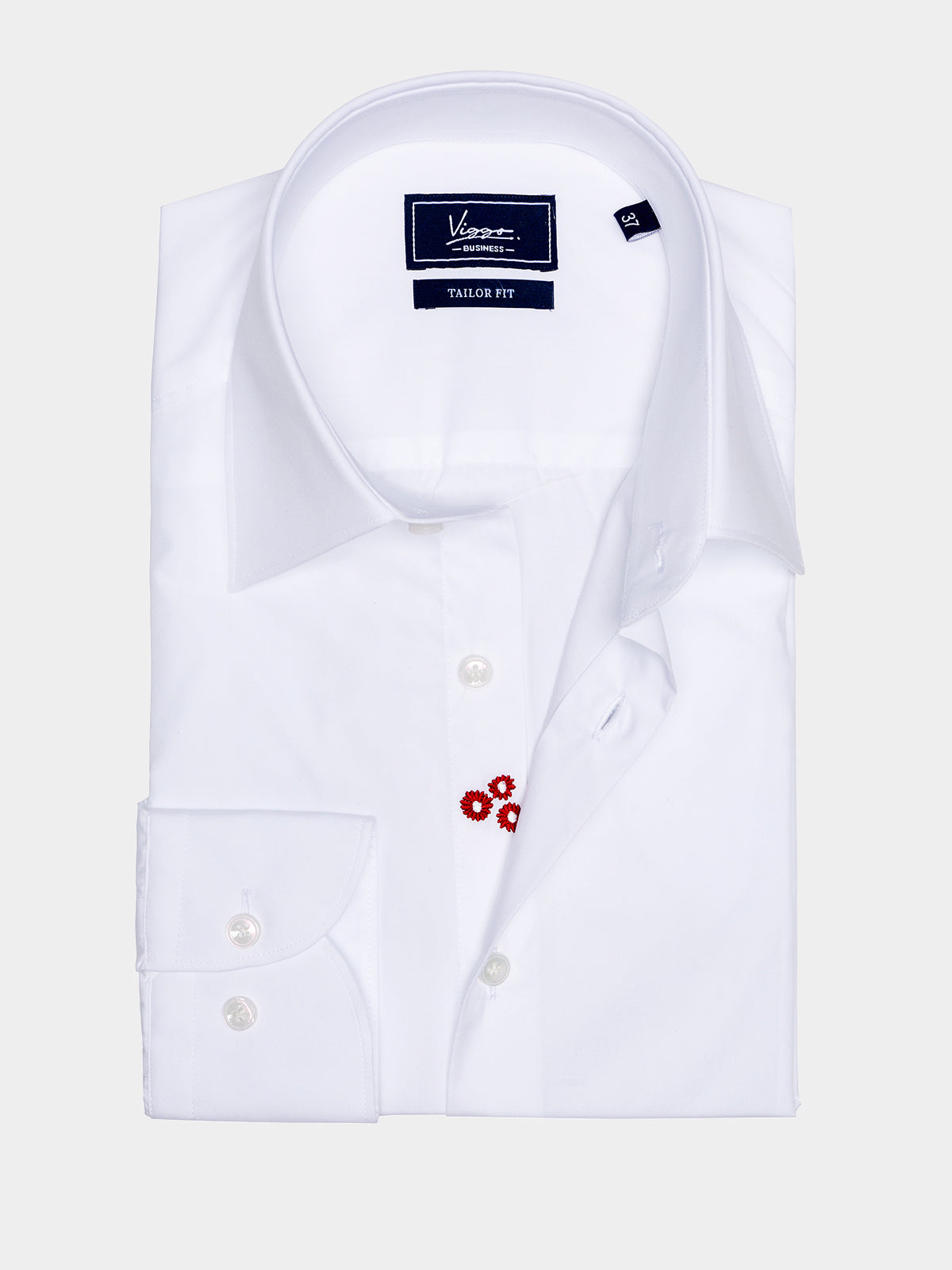 White non-iron shirt with hidden red flower