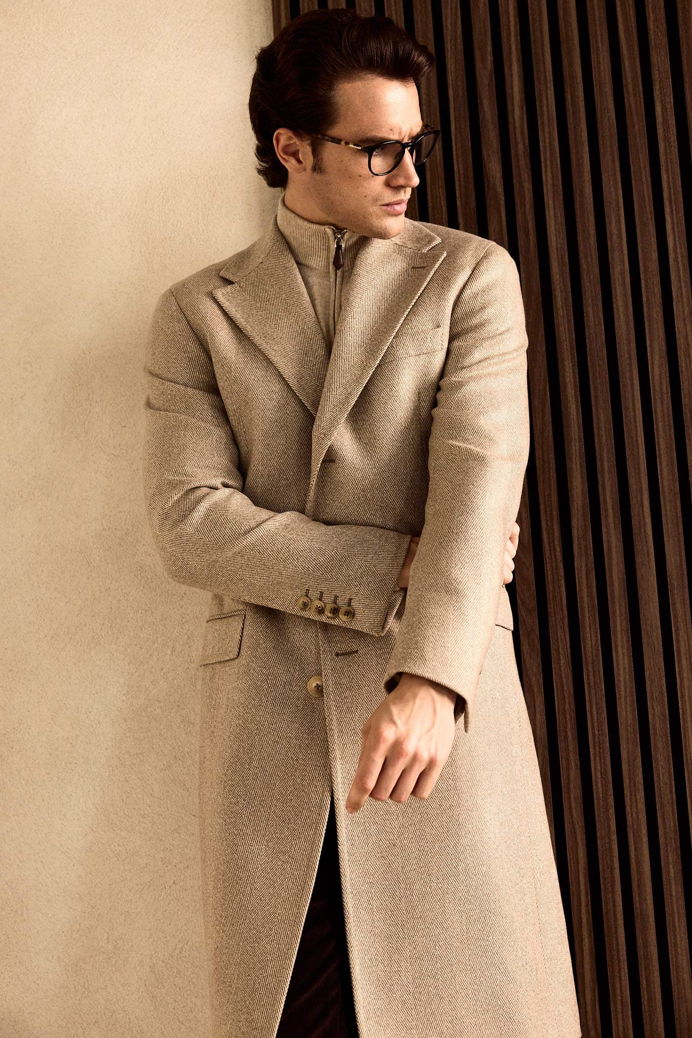Maleta half-zip din lana si casmir, bej - Viggo Tailoring