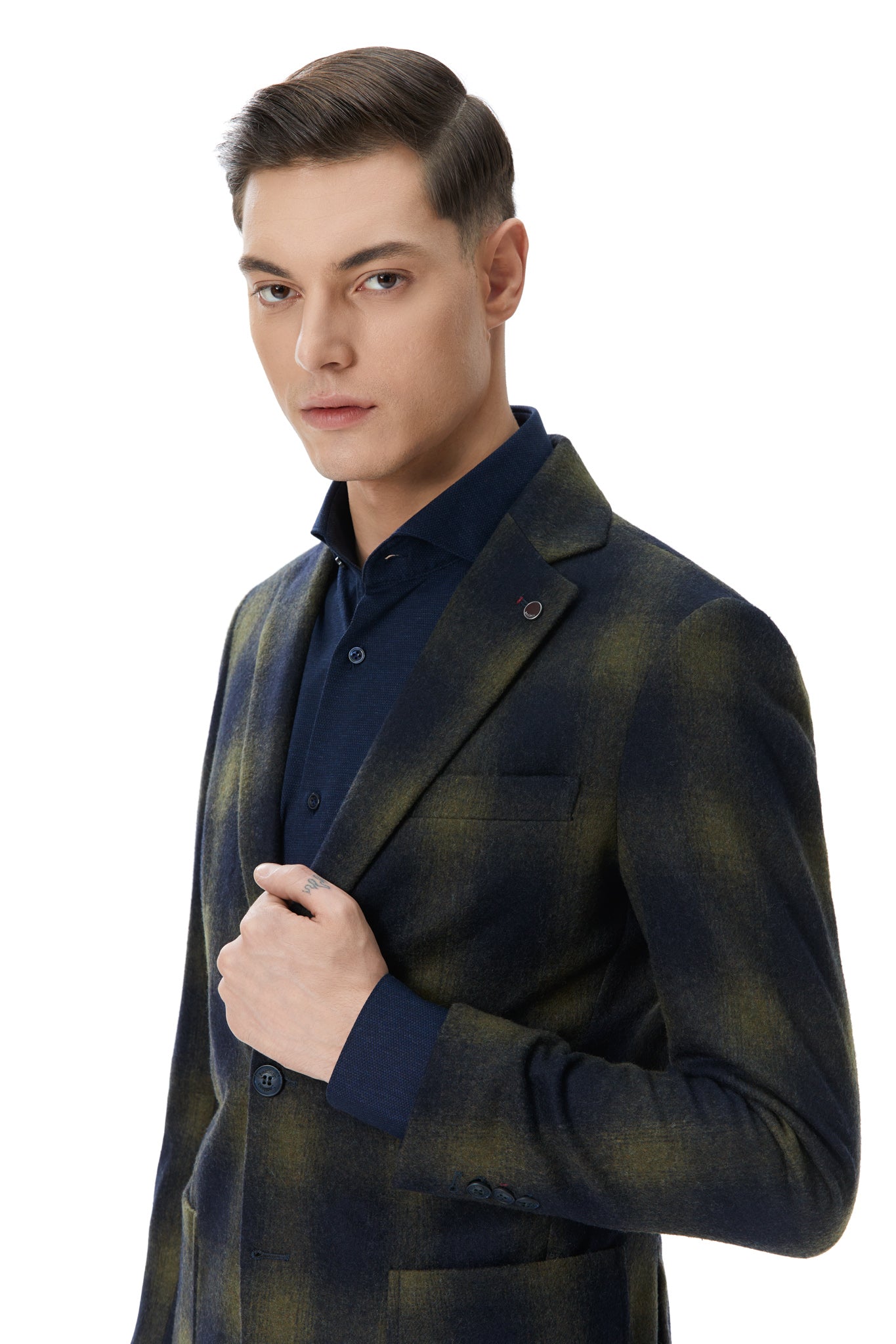 Navy blue plaid casual jacket, slim fit