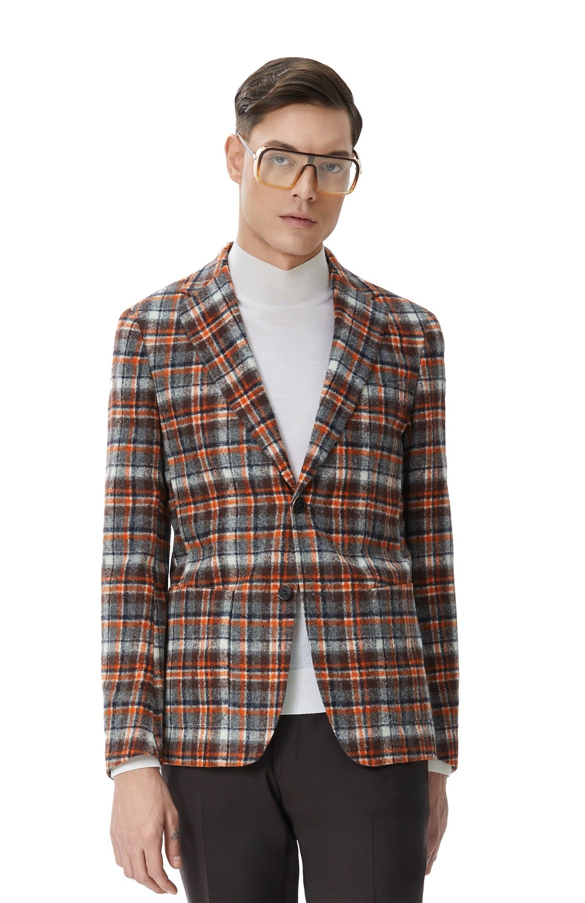 Brown jacket with orange checks, slim fit