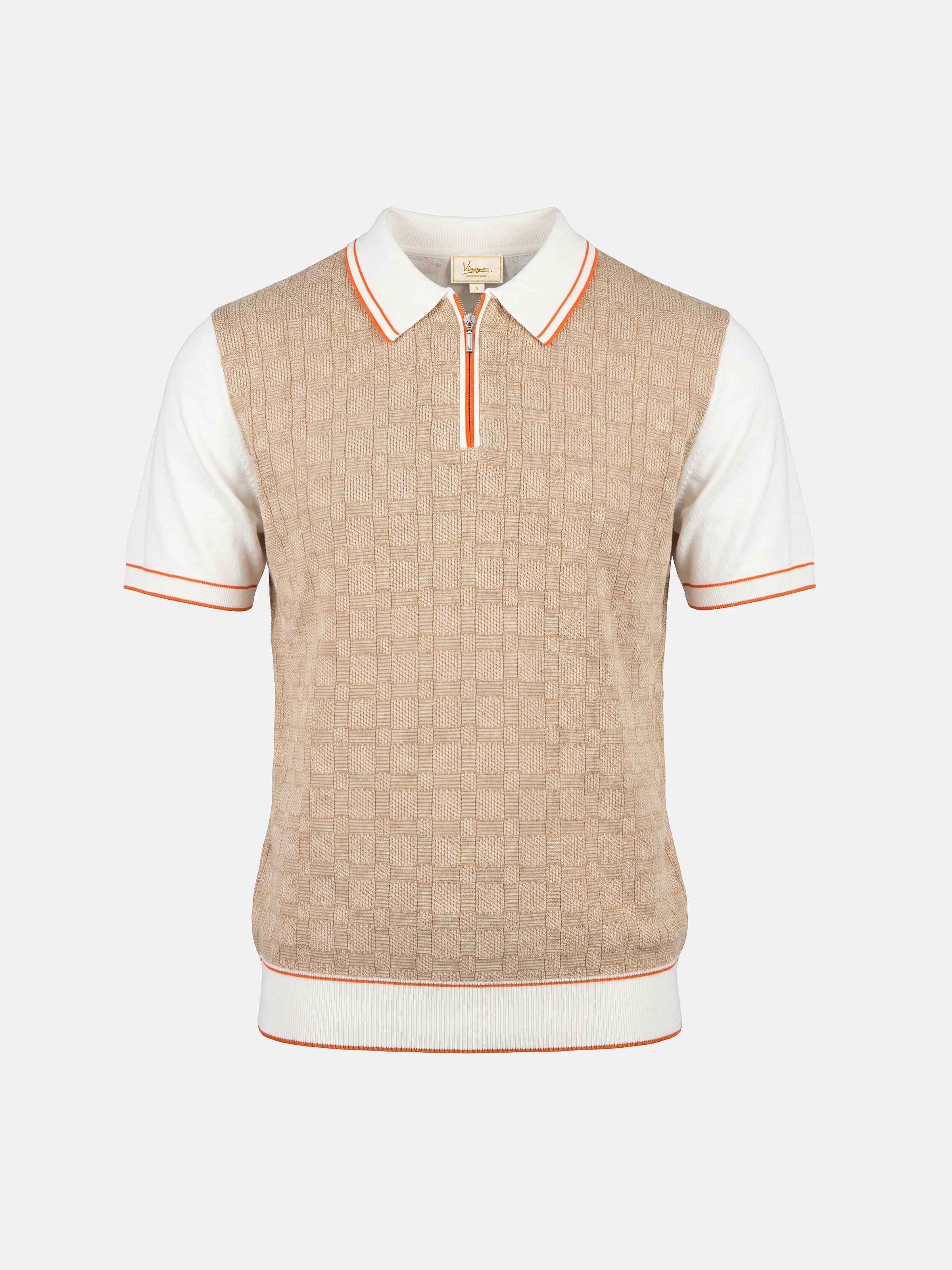Tricou Polo alb cu crem texturat matase&bumbac