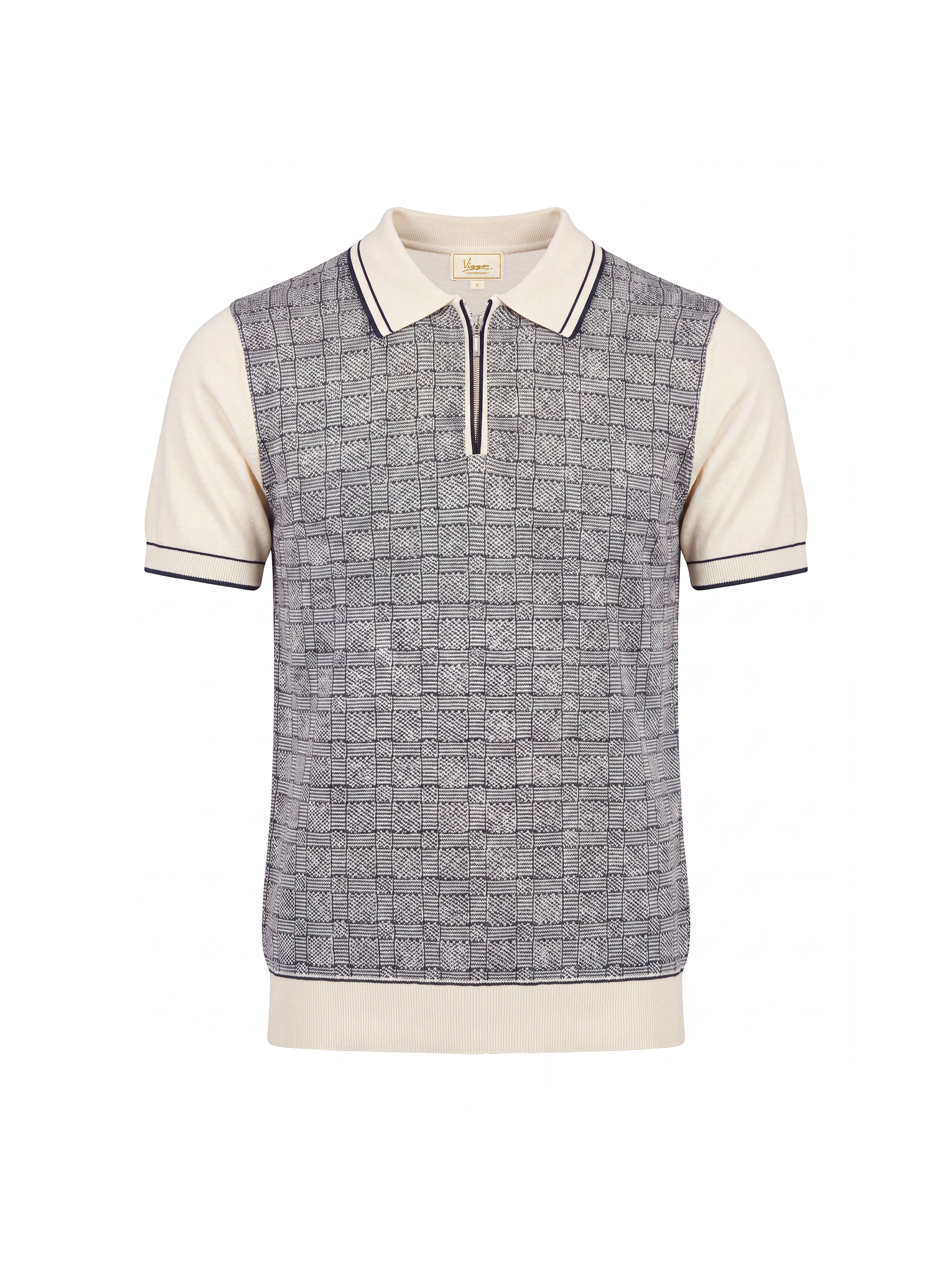 Tricou Polo alb cu gri texturat matase&bumbac