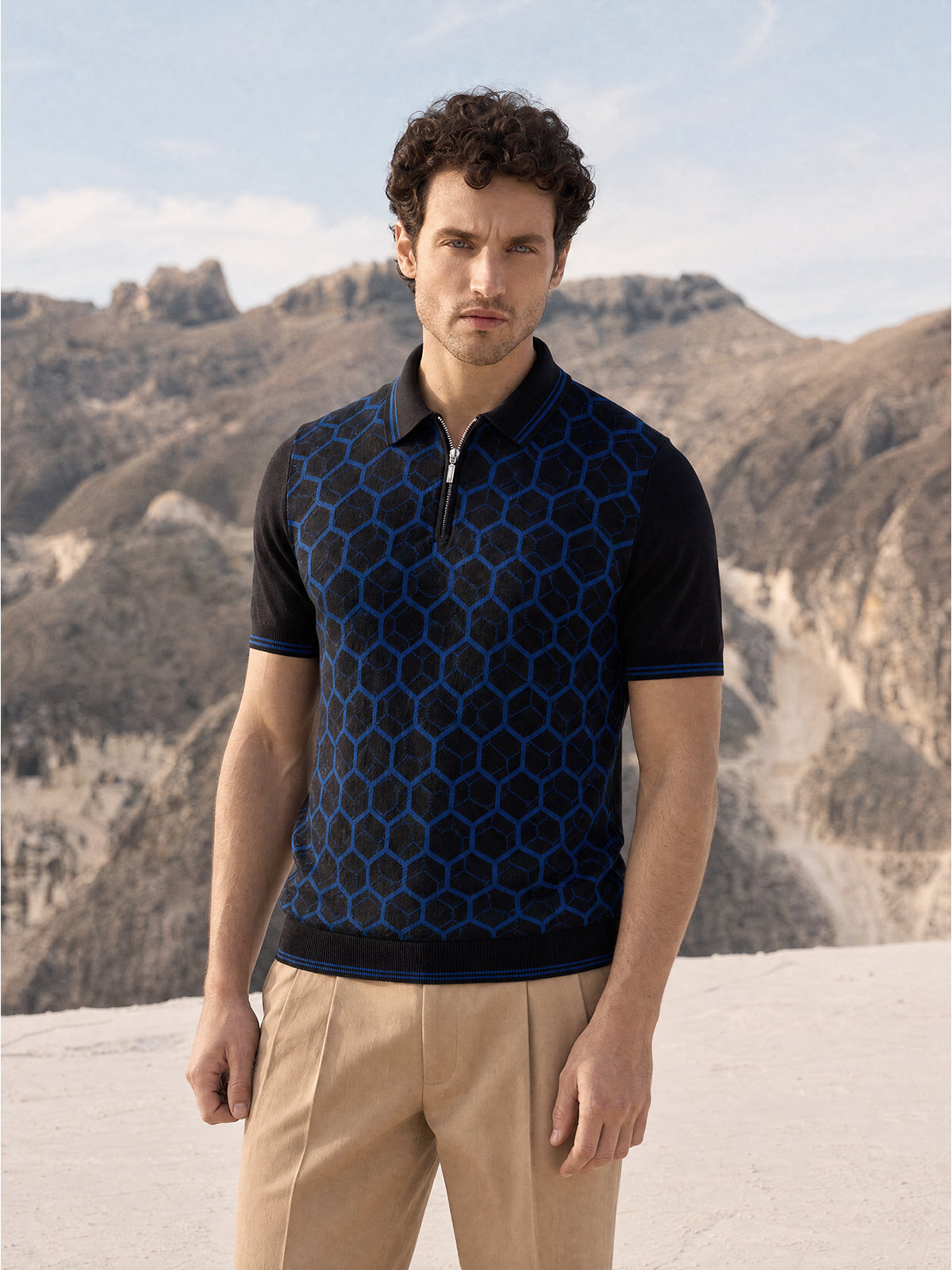Tricou Polo negru hexagon matase&bumbac
