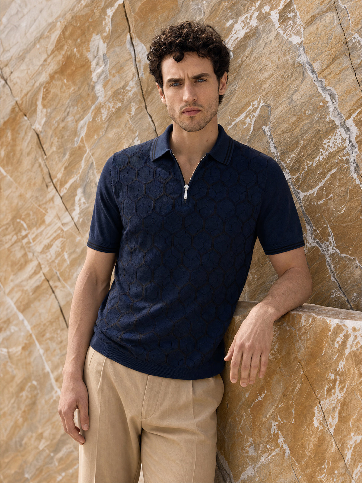 Tricou Polo navy hexagon matase&bumbac