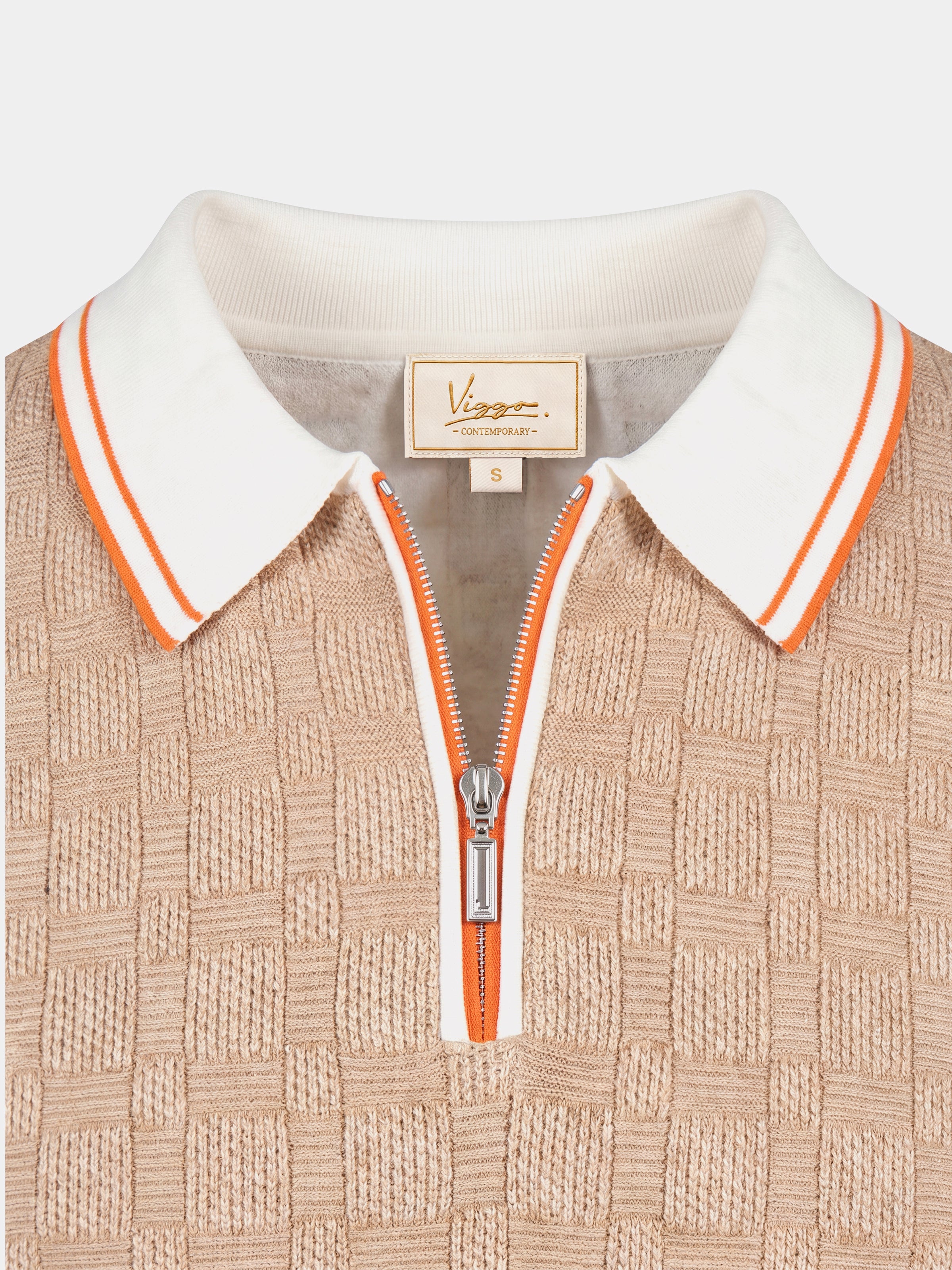 Tricou Polo alb cu crem texturat matase&bumbac