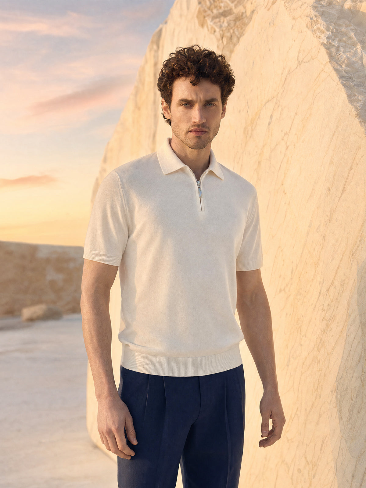 Tricou Polo alb matase & bumbac