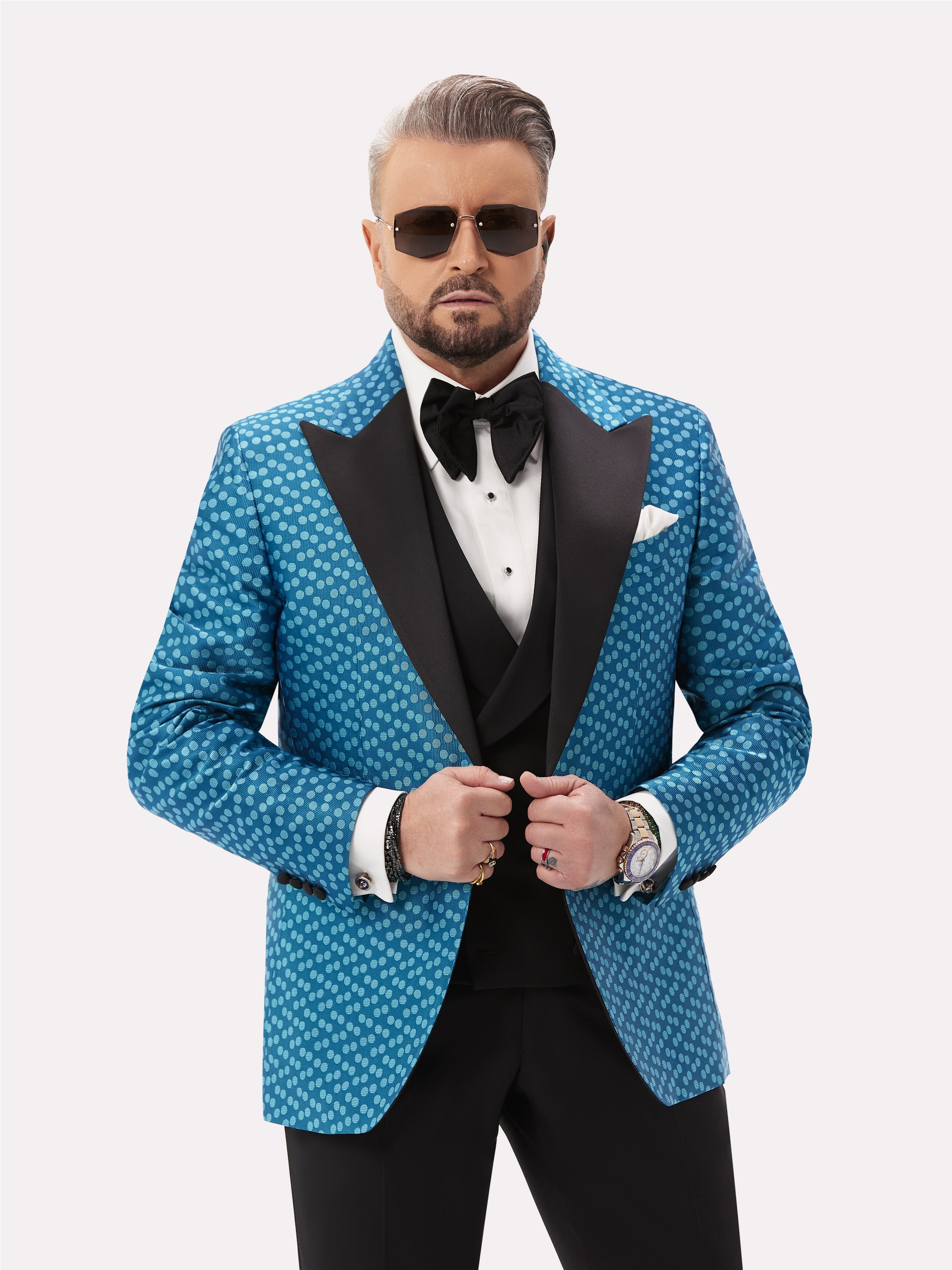 Turquoise tuxedo jacket with polka dots