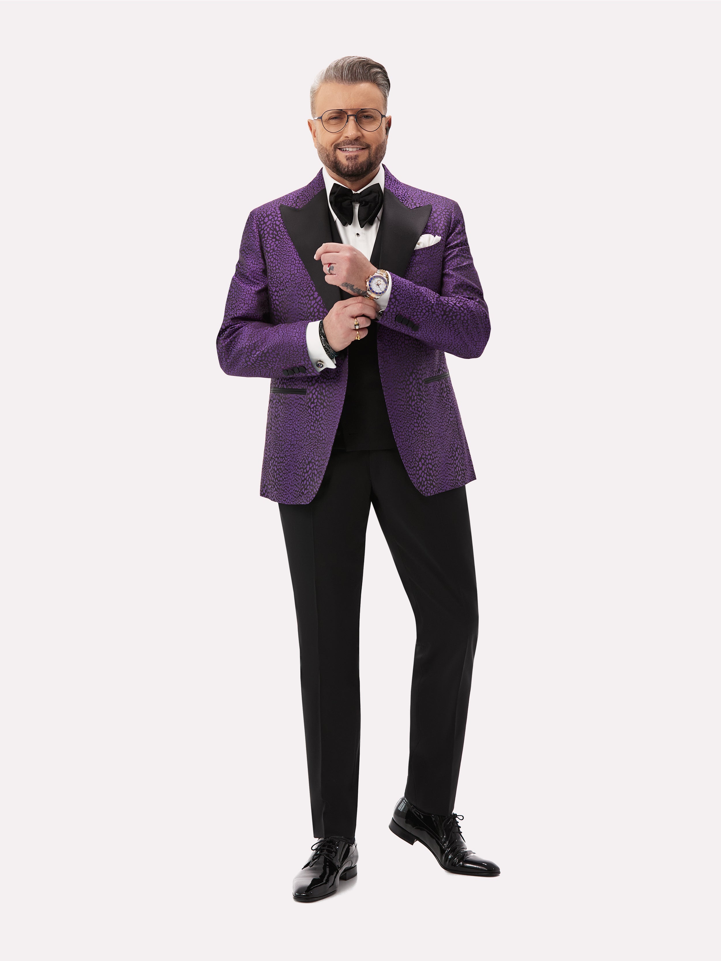 Black tuxedo jacket with purple animal print made of natural silk