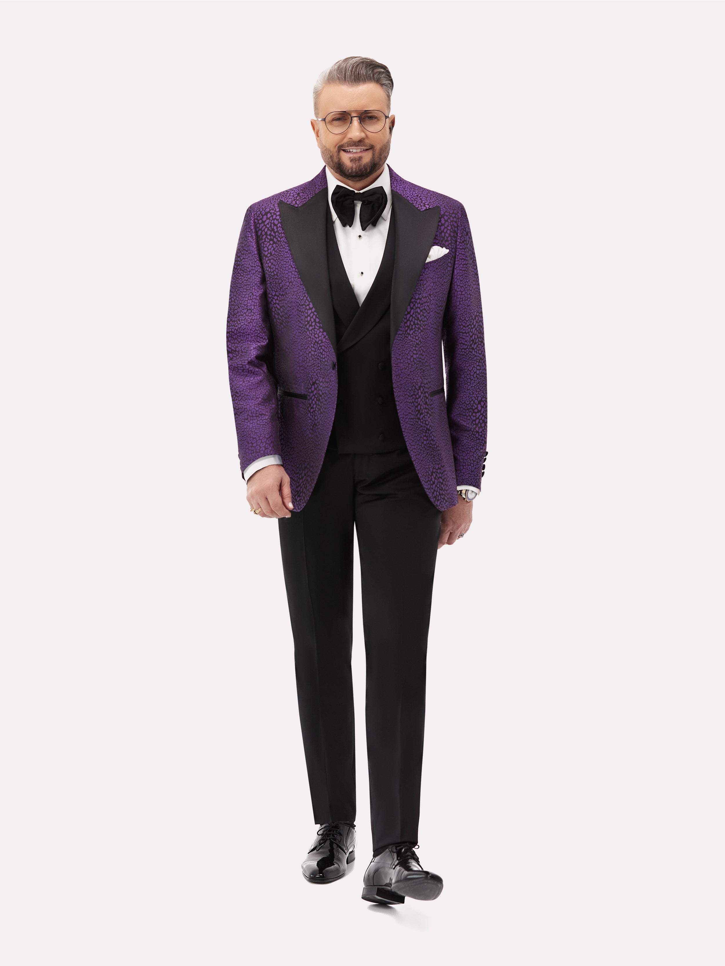 Black tuxedo jacket with purple animal print made of natural silk