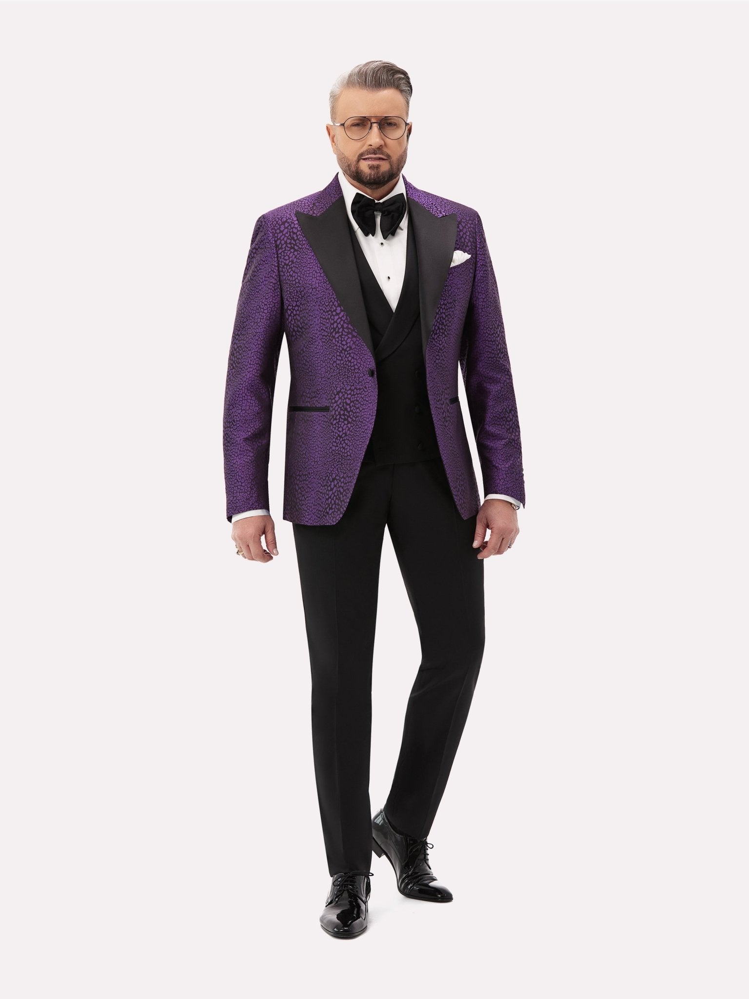 Sacou smoking negru animal print mov din matase naturala - Viggo