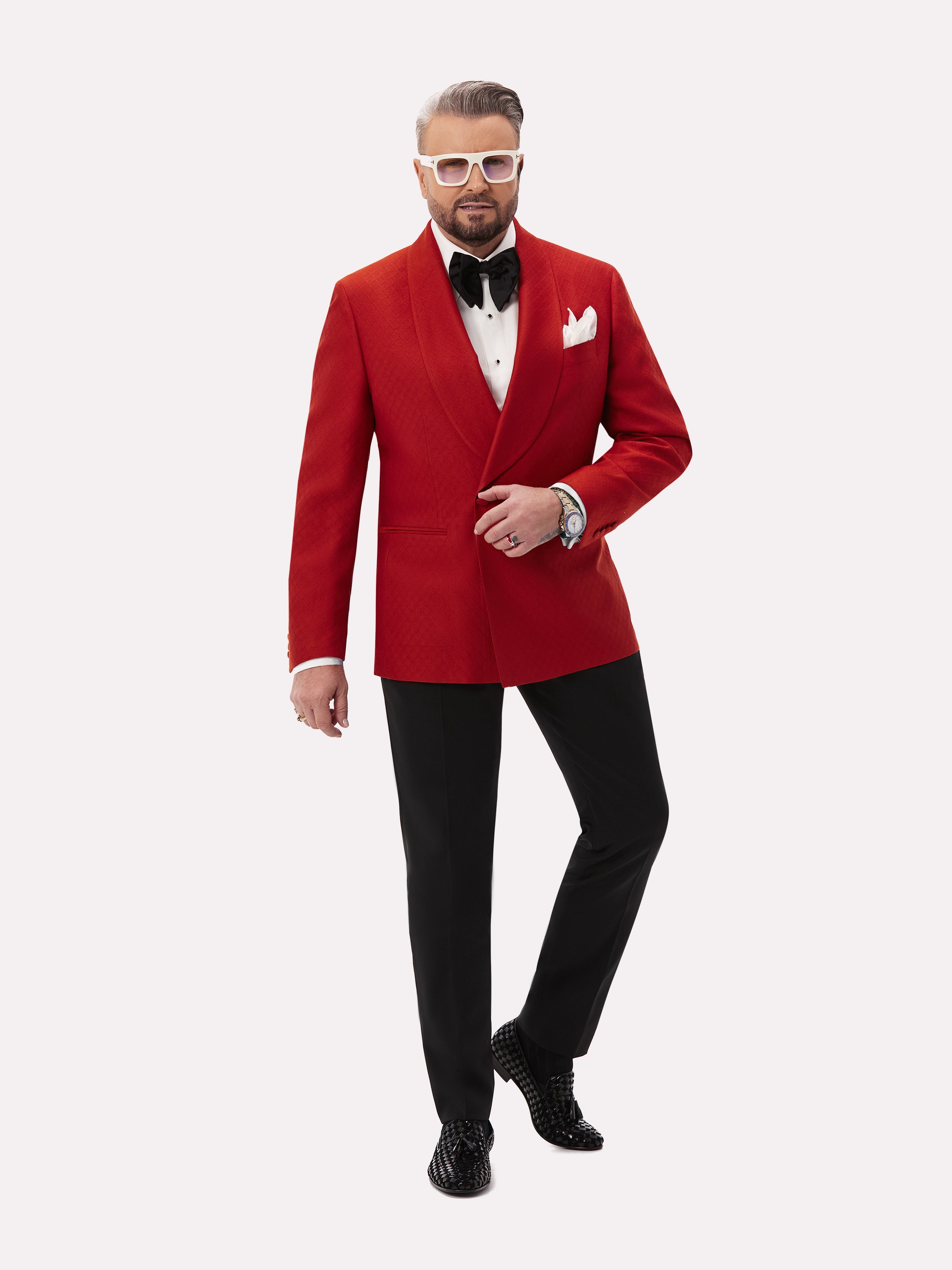 Red tuxedo jacket with two rows of buttons