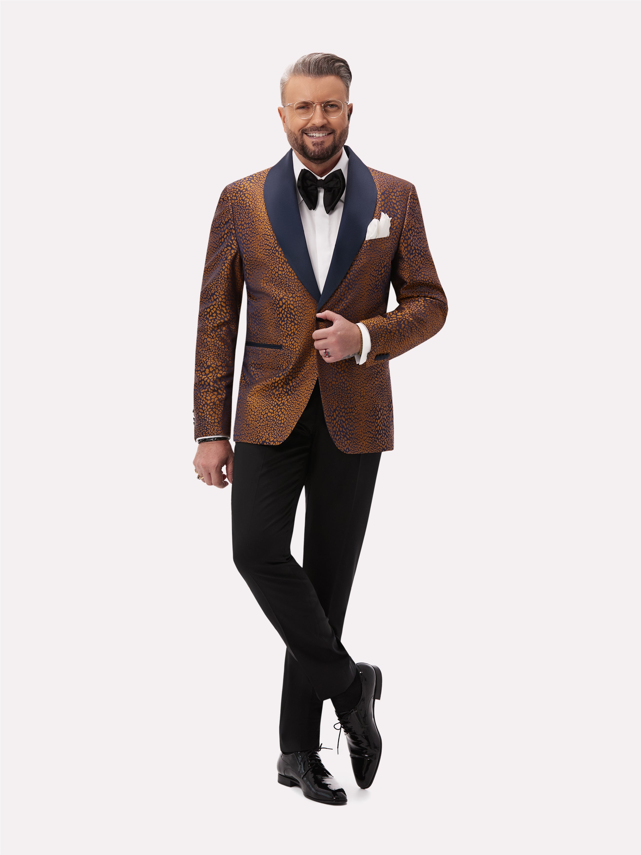 Navy tuxedo jacket with golden animal print made of natural silk