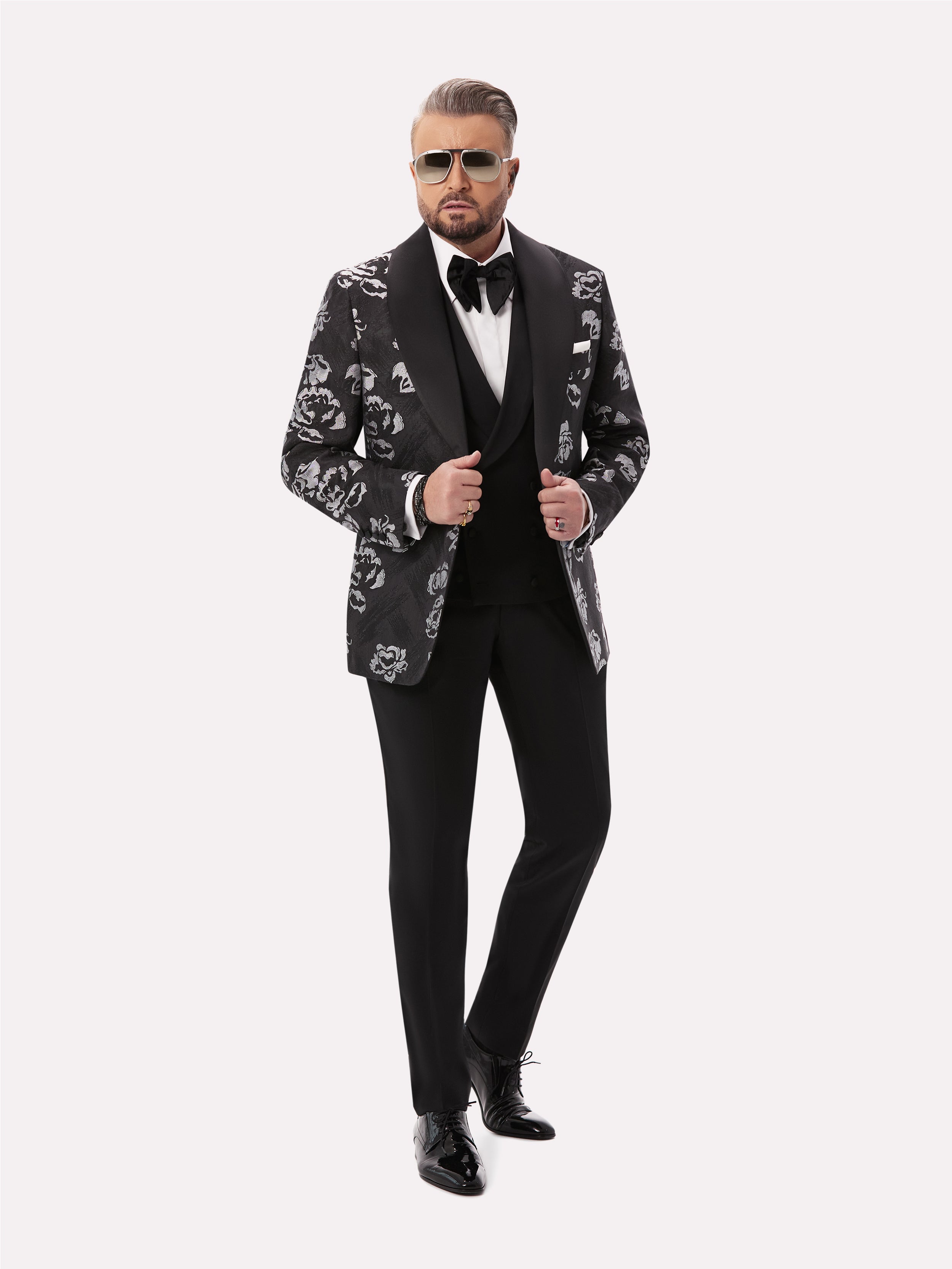 Black tuxedo jacket with silver floral pattern