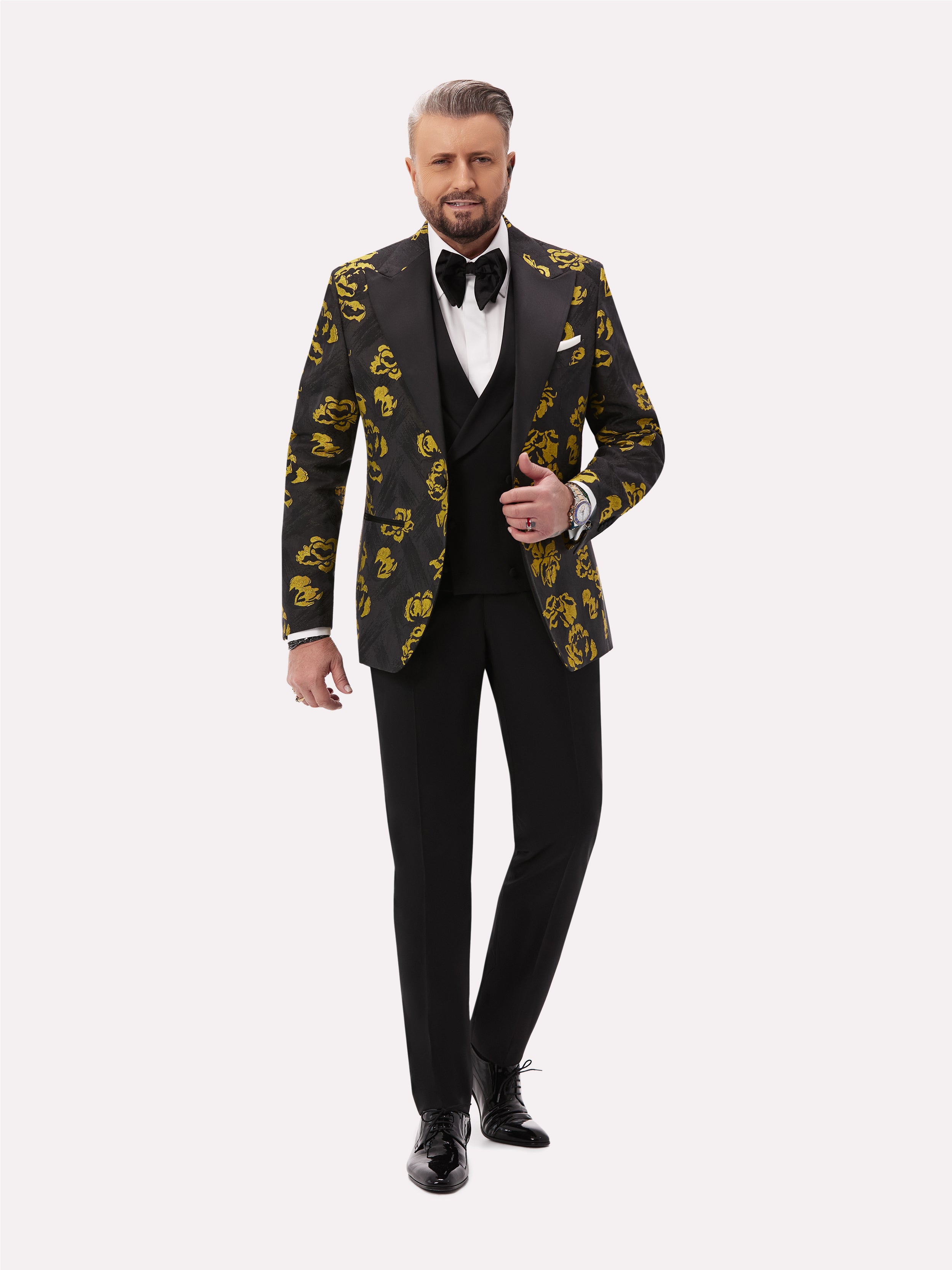 Black tuxedo jacket with golden floral pattern