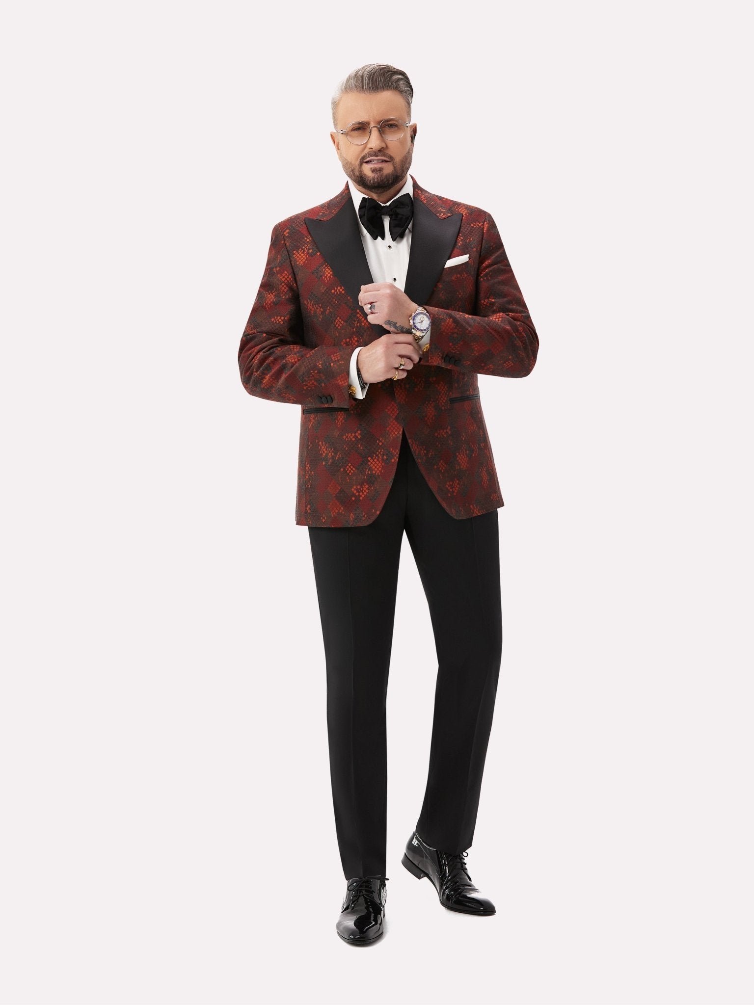 Sacou smoking negru cu model geometric bordeaux - Viggo