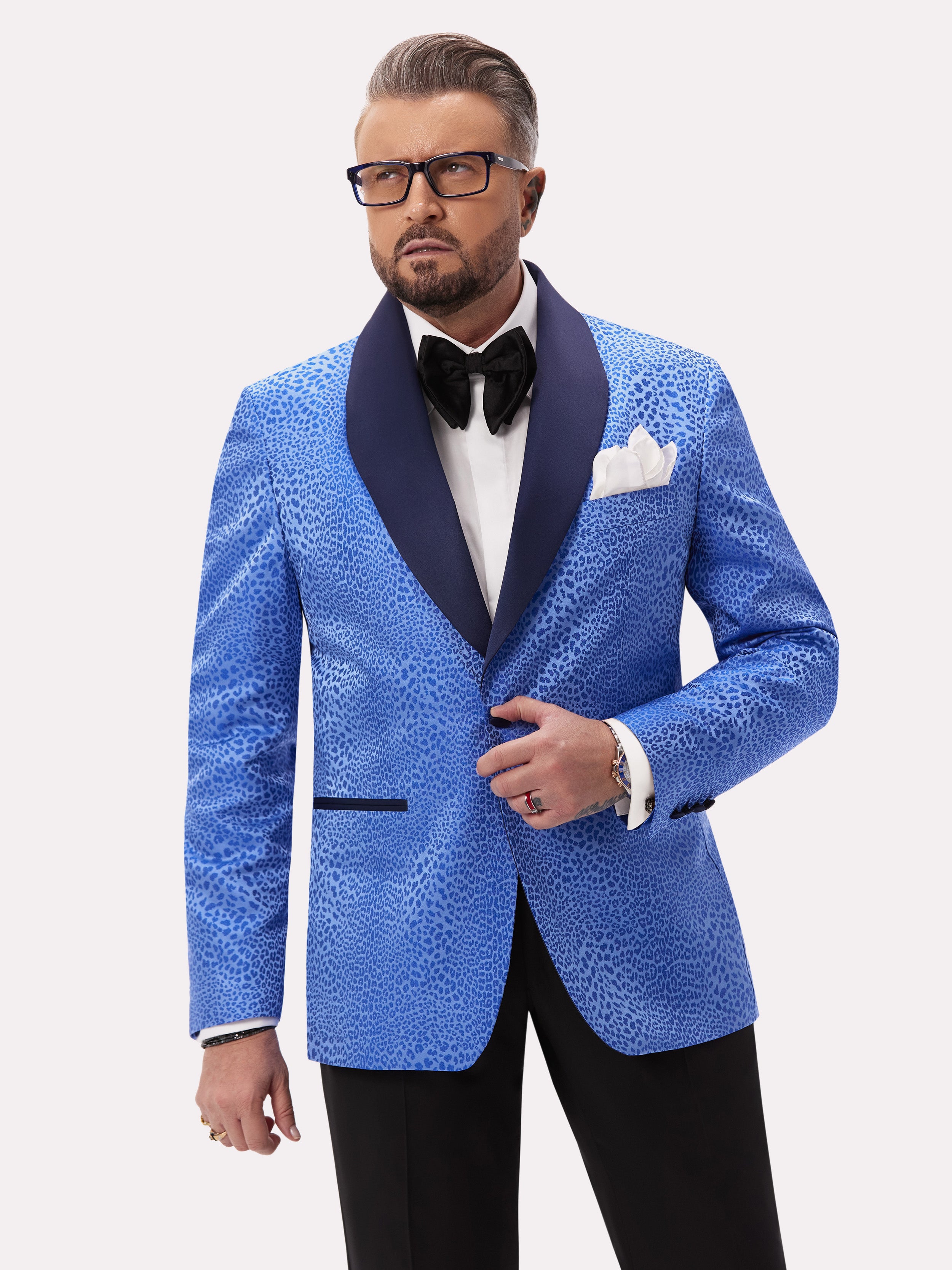 Blue animal print tuxedo jacket made of natural silk